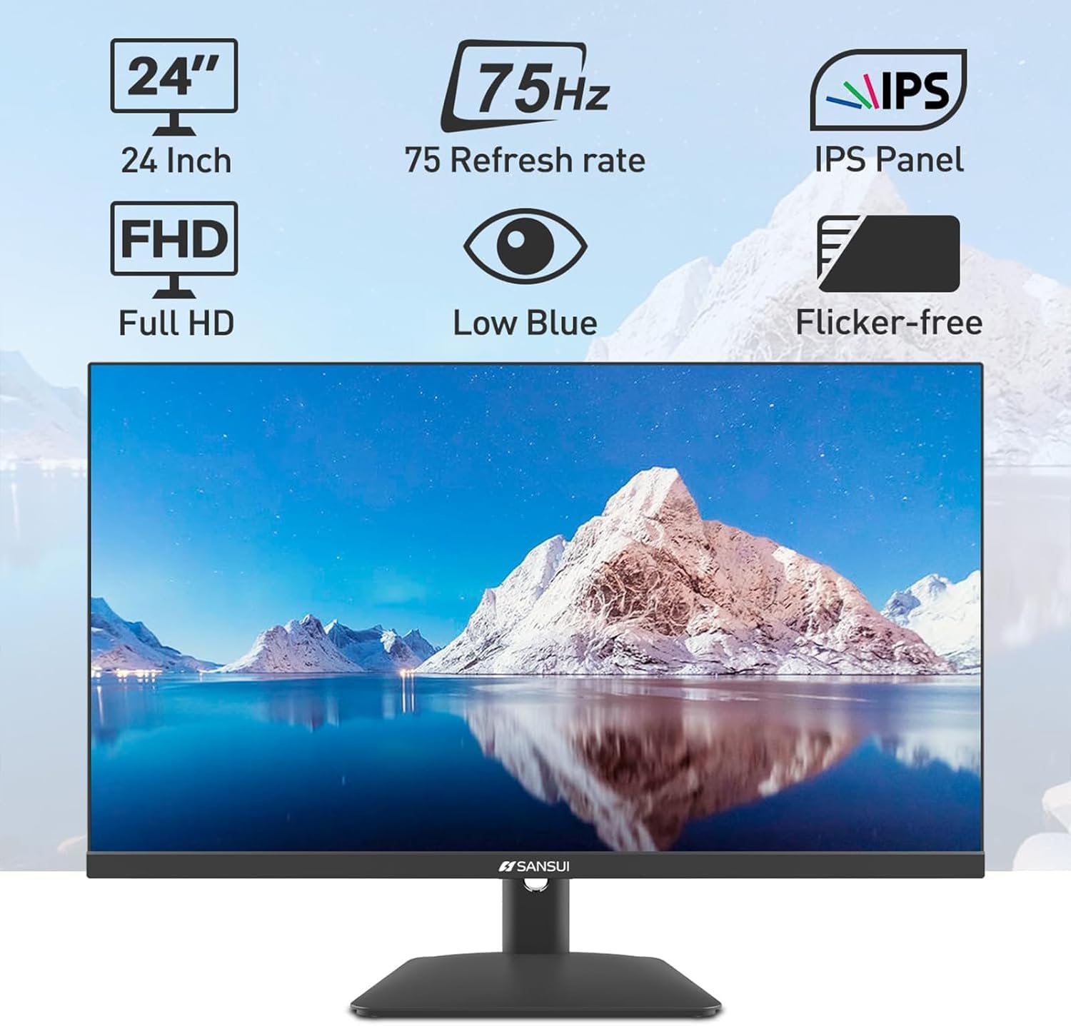 SANSUI 24 Inch IPS FHD 1080P 75Hz Computer Monitor with Built-in Speakers, HDMI/VGA/DP Ports, Eye Care & Ergonomic Tilt - HDR10 ES-24x5A Display for Home Office, Gaming & Multimedia