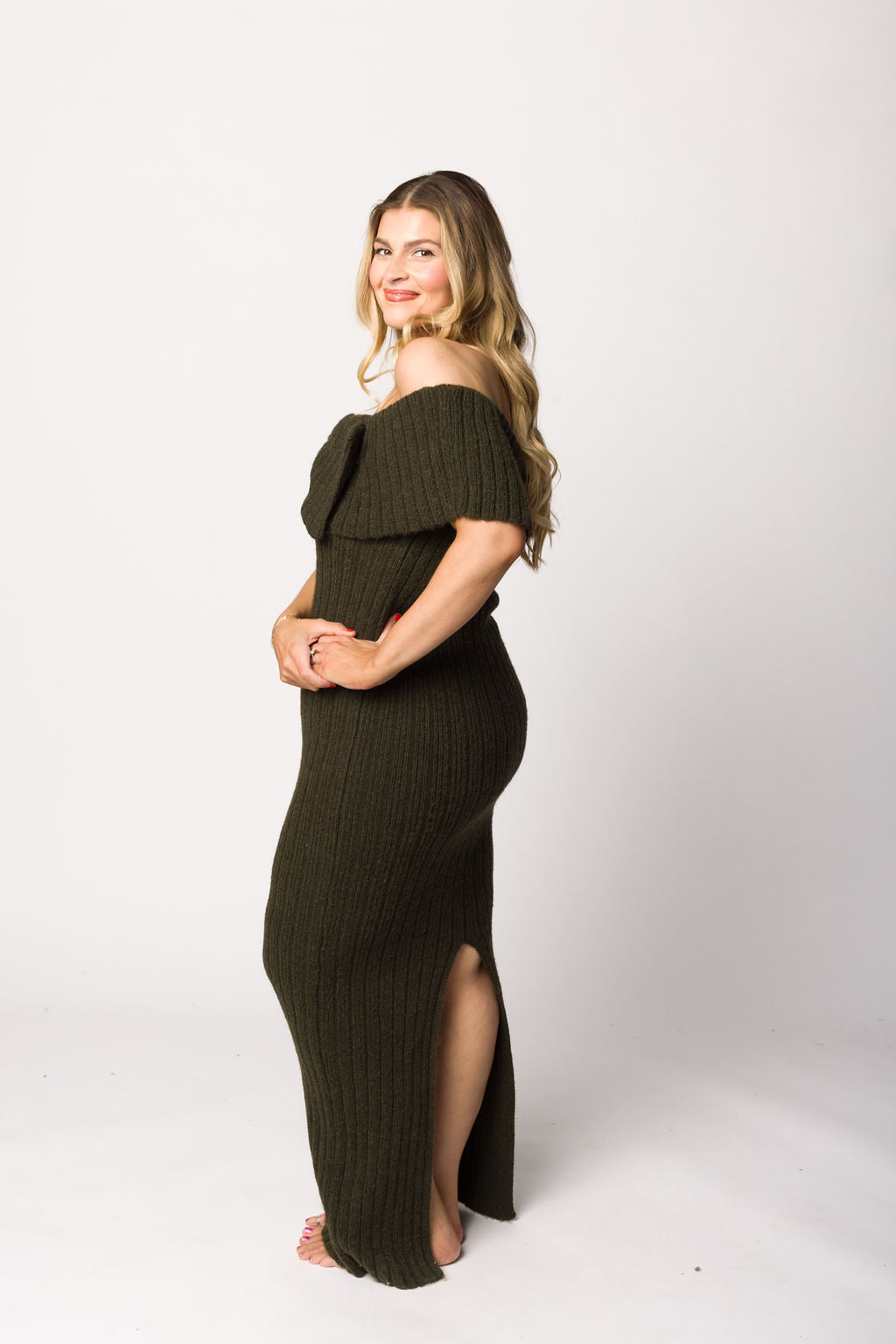 Aston Bow Front Maxi Sweater Dress in Dark Green - Bump Friendly Maternity Dress for Pregnancy, Nursing & Postpartum | Cozy Winter Outfit for Women