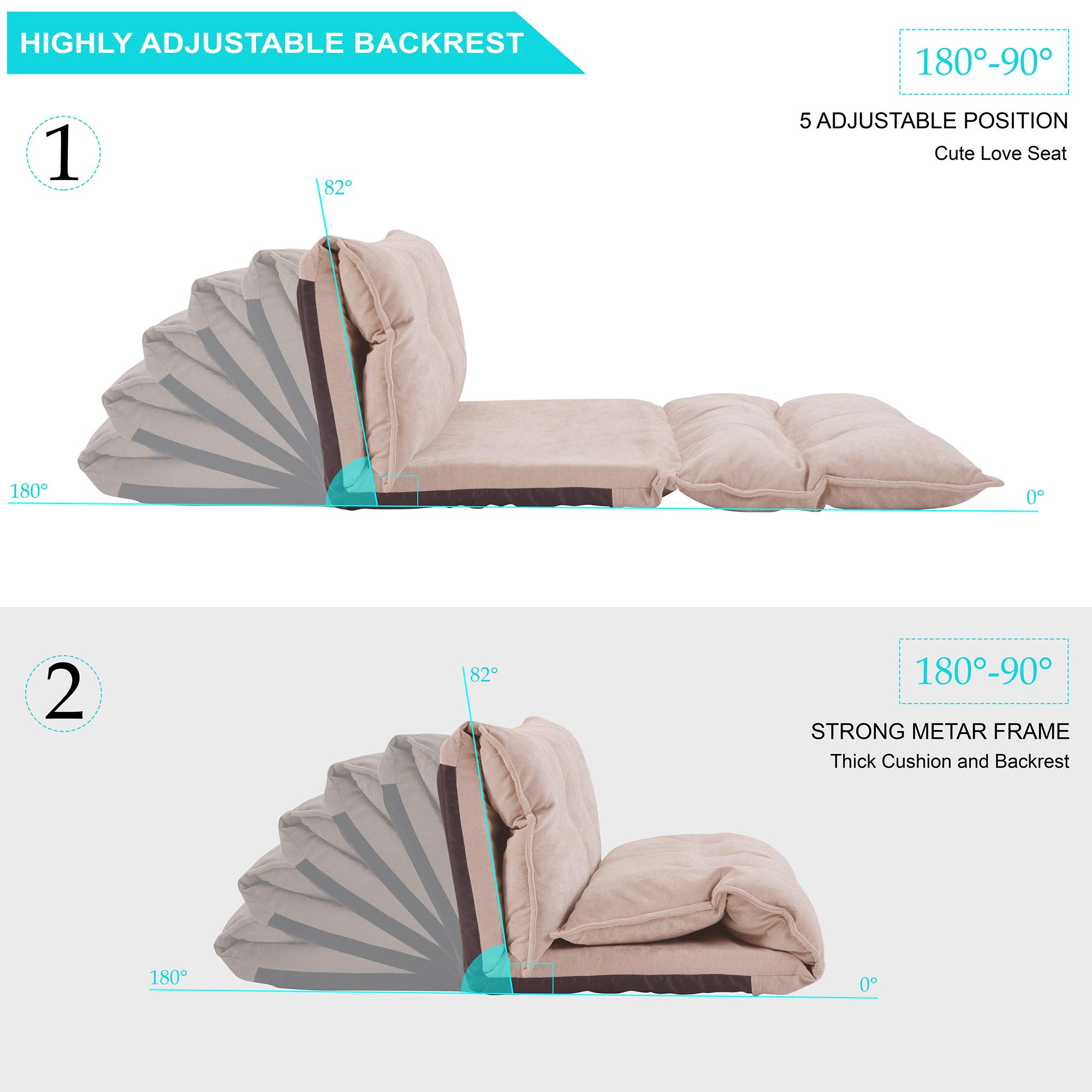 Quarte Adjustable Foldable Lazy Sofa Bed - Convertible Futon Couch for Floor Lounging, Sitting, Watching TV & Gaming - Includes 2 Pillows - Perfect for Small Spaces, Apartments & Dorm Rooms (Beige)