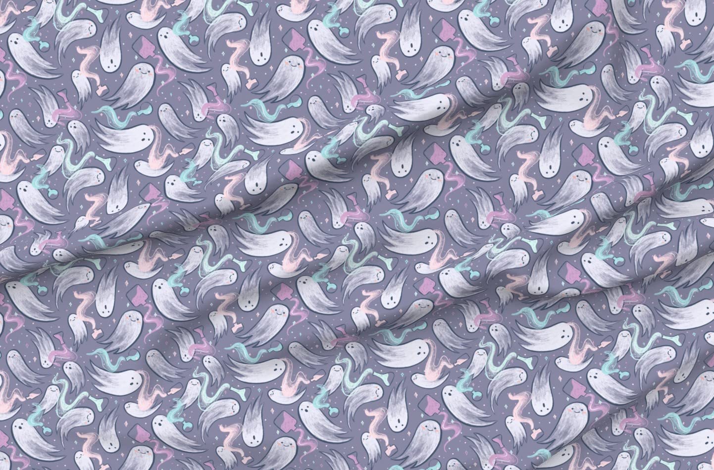 Whimsical Halloween Ghost Pastel Printed Satin Fabric by The Yard - Premium Spoonflower Material for Sewing, Lining, Apparel, Fashion, Blankets & Home Decor - Perfect for DIY Costumes, Quilts, Curtains and Party Decorations