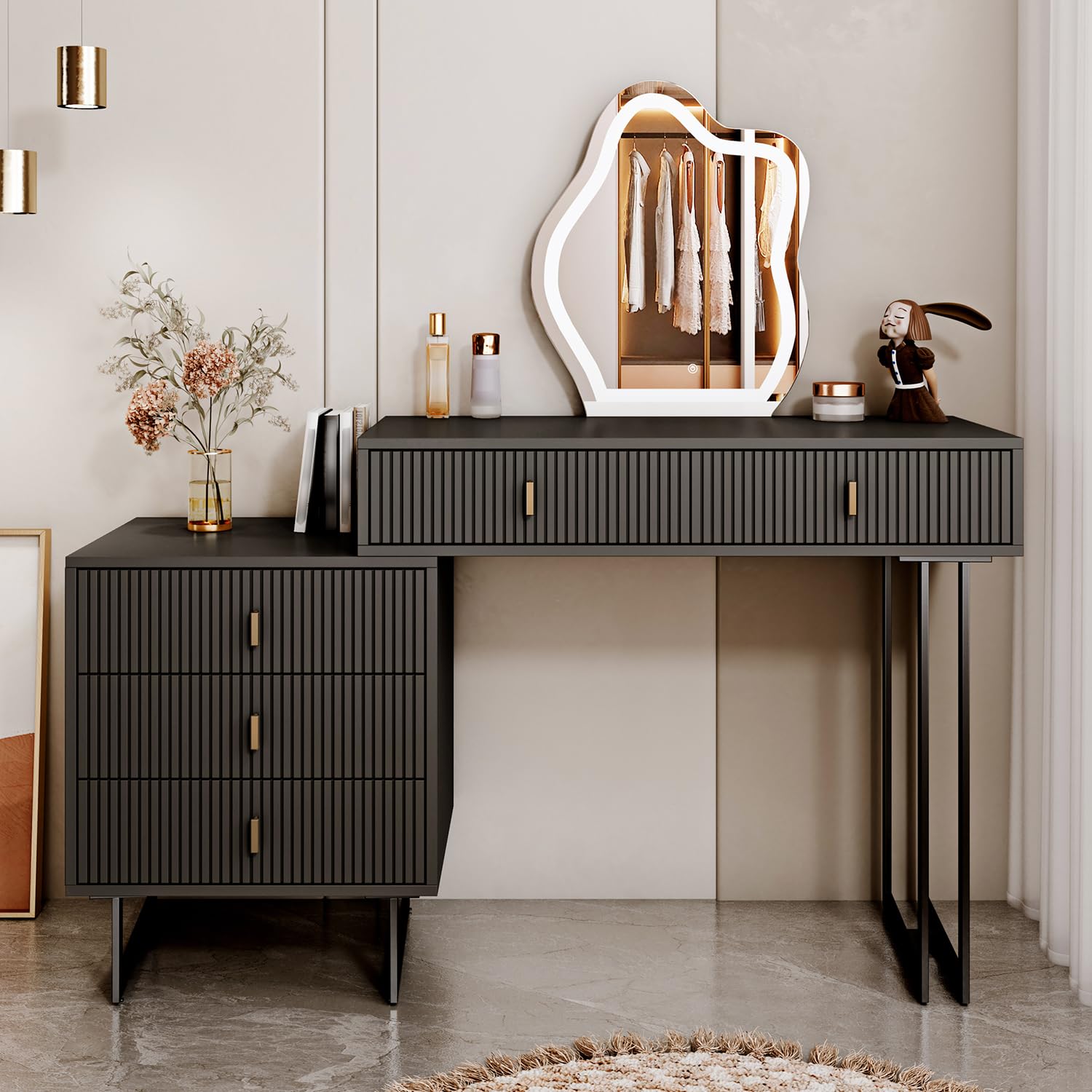 Modern Black Vanity Desk with Mirror & LED Lights - Small Makeup Table with 5 Drawers & Adjustable Storage Cabinet - Elegant Dressing Table for Bedroom, Makeup Room & Home Decor - Perfect for Cosmetics Organization & Beauty Routine