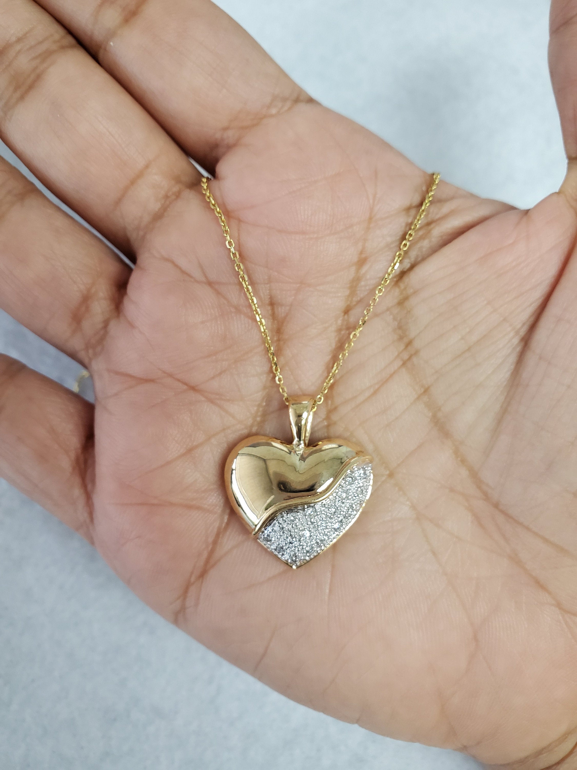 14K Yellow Gold Heart Shaped Diamond Pave Necklace .20cttw - Perfect for Valentine's Day Gifts, Anniversary Presents & Romantic Occasions