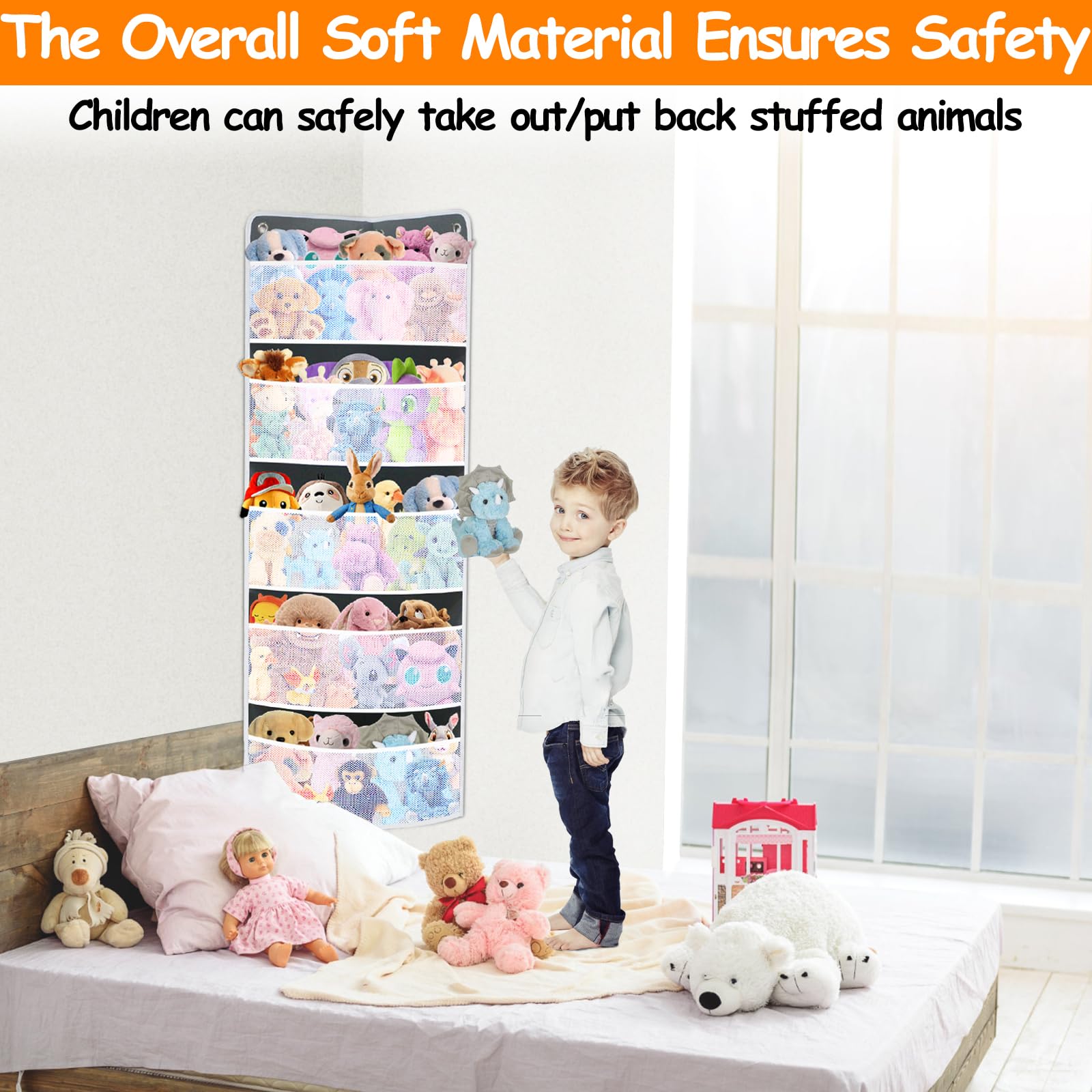 Soft Corner Shelf with 5 Large Mesh Pockets - Wall Mounted Toy Storage Organizer for Kids Bedroom | Child-Friendly Hanging Organizer for Toys, Stuffed Animals, Diapers & Sundries | Perfect for Nursery, Playroom & Closet Organization