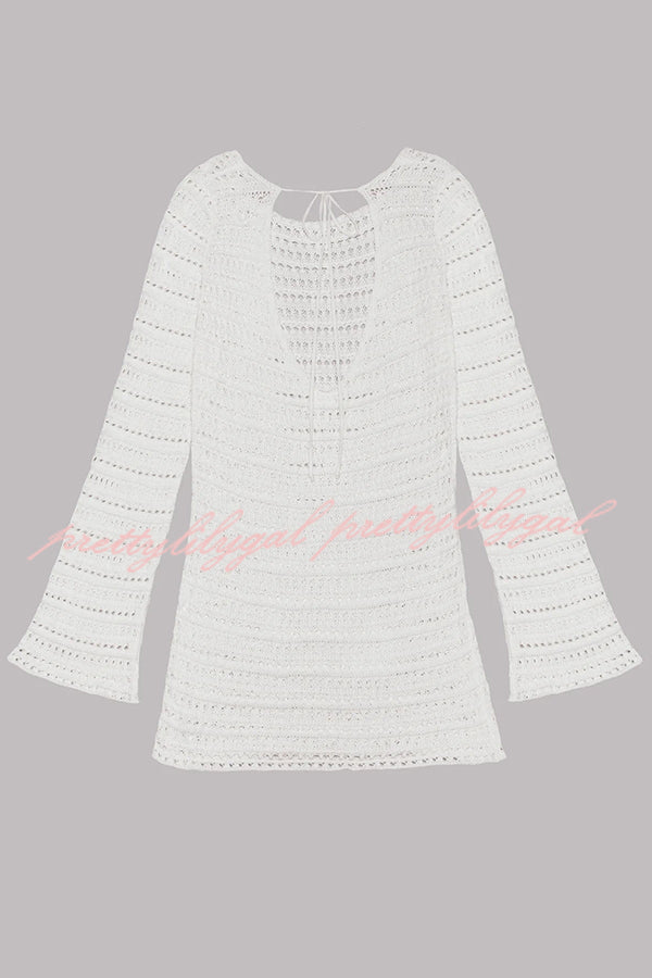 Sunset Love Knit Open Back Tie-Up Flare Sleeve Cover Up Mini Dress - Perfect for Beach Vacation, Summer Party & Boho Fashion