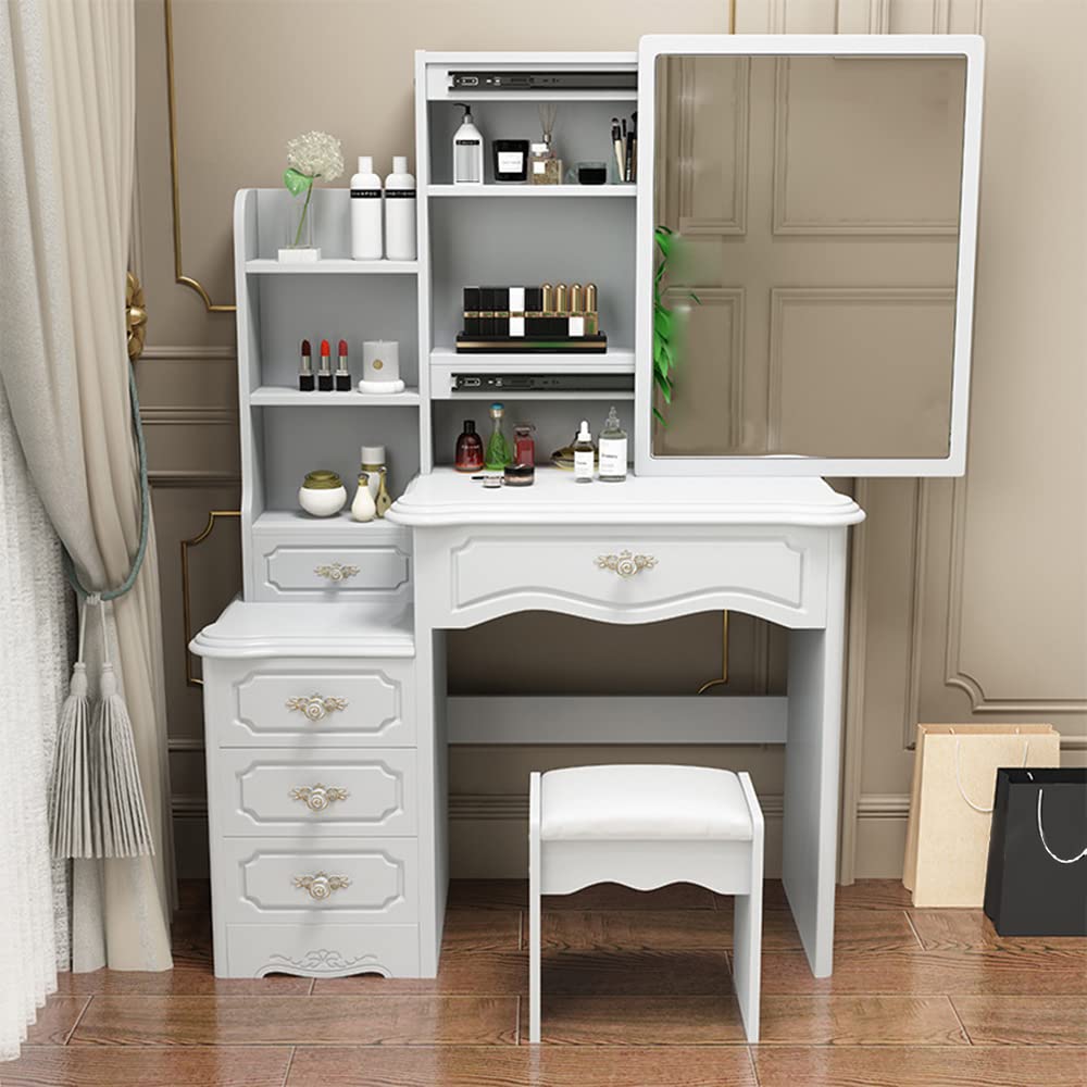 White Wooden Makeup Vanity Desk with 5 Storage Drawers, Shelves & Cushion Stool - Dressing Table Without Lighted Mirror for Bedroom, Home Decor | Perfect for Makeup Organization & Beauty Routine