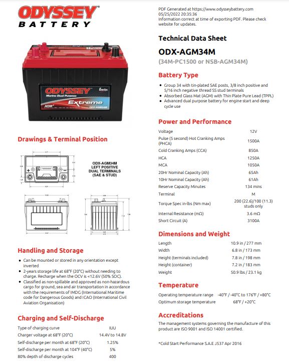 Odyssey Battery 34M Group Size ODX AGM34M PC1500 850CCA 65Ah - High Performance AGM Battery for Cars, Trucks, Marine & Power Sports