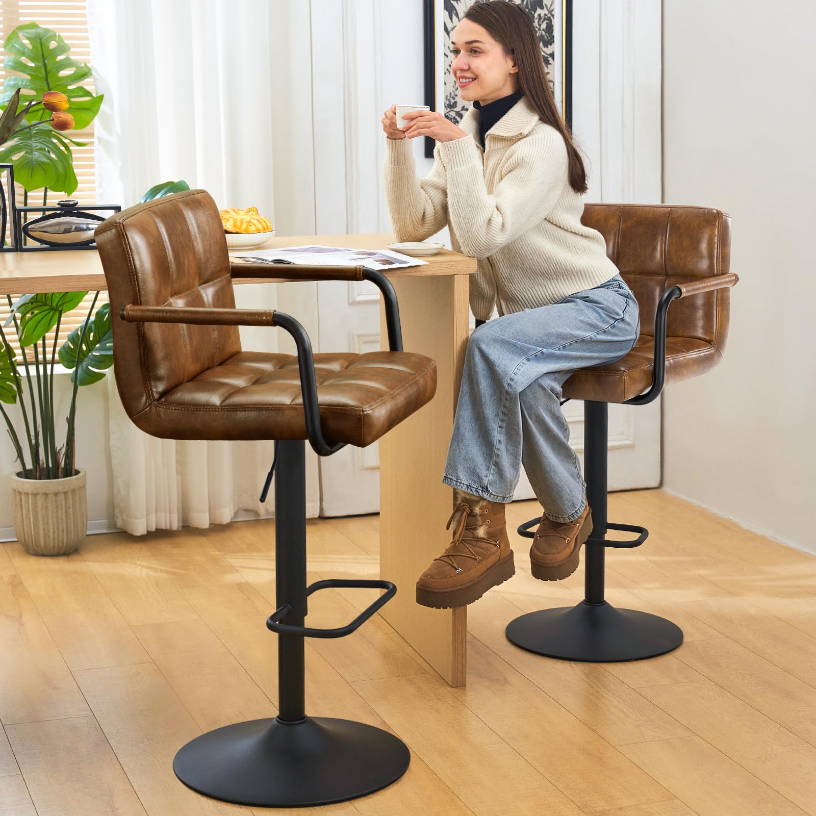 Furniliving Set of 2 Modern PU Leather Bar Stools with Back & Armrest - Adjustable Height Kitchen Counter Stools for Bar, Pub, Cafe & Home Dining (Yellow Brown) | Perfect for Breakfast Nooks, Kitchen Islands & Entertainment Spaces