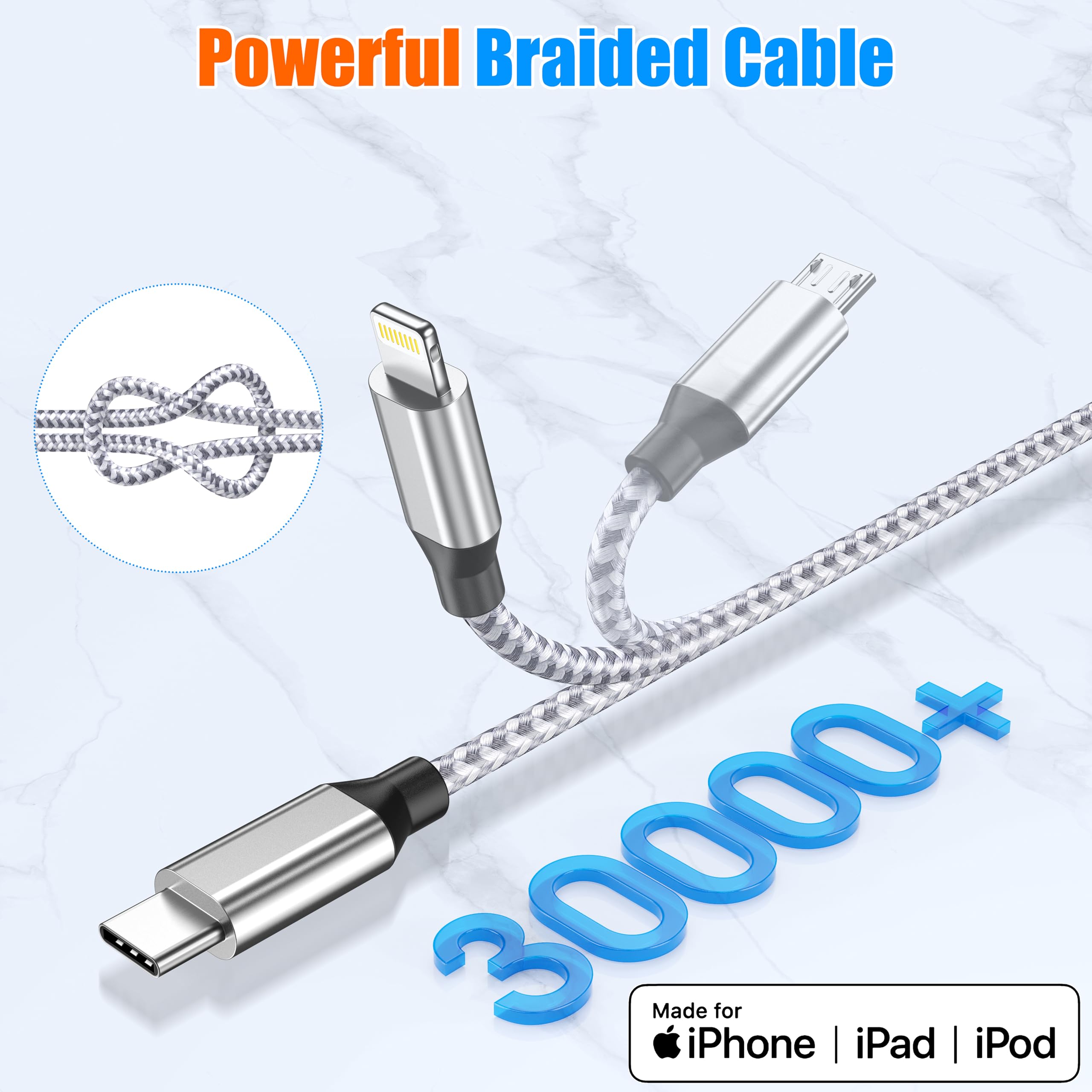 3-Pack 4FT USB C to Lightning/Micro USB/Type C 3-in-1 Fast Charging Cable - MFi Certified Nylon Braided Multi Charger for iPhone, iPad, Samsung - Perfect for Home, Office & Travel Charging Needs