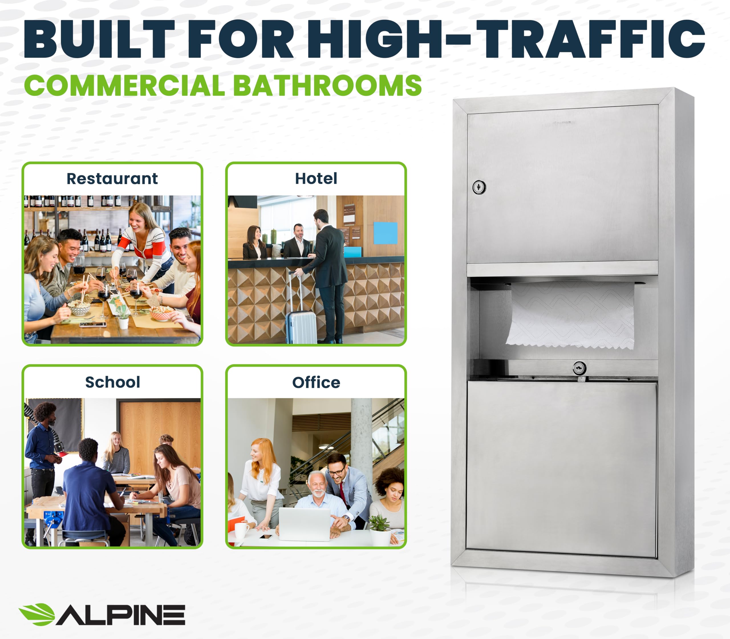 Stainless Steel Wall Mounted Commercial Paper Towel Dispenser with 2 Gallon Trash Can - Compatible with C Fold, Multifold & Tri Fold Towels - Brushed Finish & Lockable Design for Restaurants, Offices & Public Restrooms