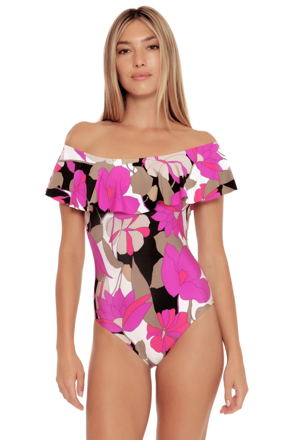 Trina Turk Women's Off-Shoulder Ruffle One Piece Swimsuit - Stylish Lynx Print Bathing Suit for Beach, Pool & Vacation