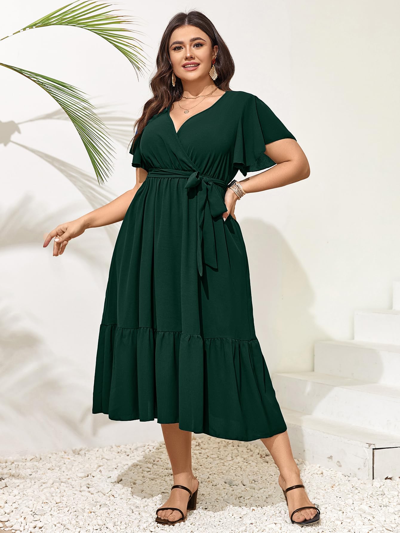 Elegant SCOMCHIC Plus Size Wedding Guest Dress - Summer Wrap V-Neck Short Sleeve with Belt & Ruffle Hem | Flowy A-Line Maxi Dress for Bridal Showers, Garden Parties & Formal Events