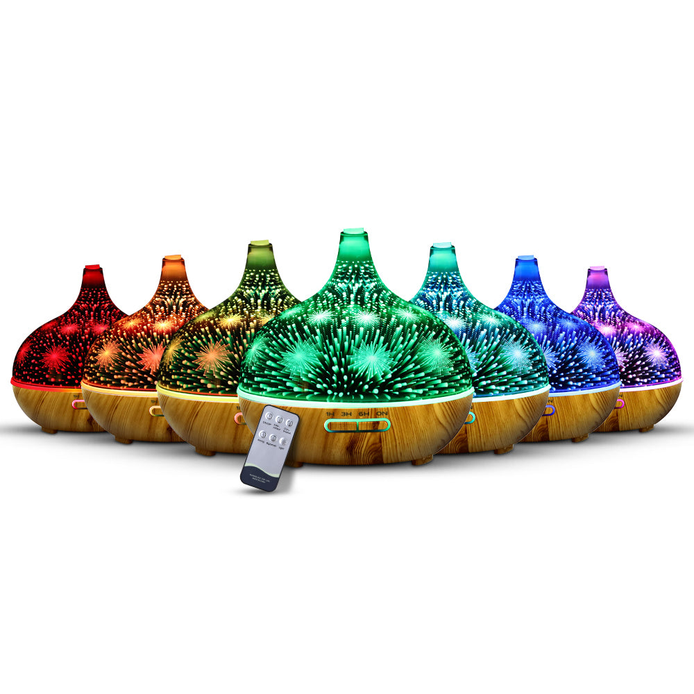 Devanti 400ml 3D Glass Aroma Diffuser - Essential Oil Humidifier for Home, Office, Yoga & Spa | Aromatherapy Ultrasonic Cool Mist Diffuser with 7 LED Color Changing Lights