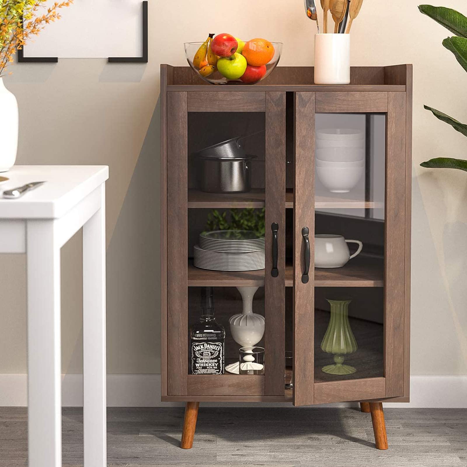 Henf Mid-Century Kitchen Sideboard Buffet Cabinet - Adjustable Shelf & Glass Doors Dining Storage for Home Office - Perfect for Displaying China, Storing Linens, or as a Stylish Console Table (Brown)