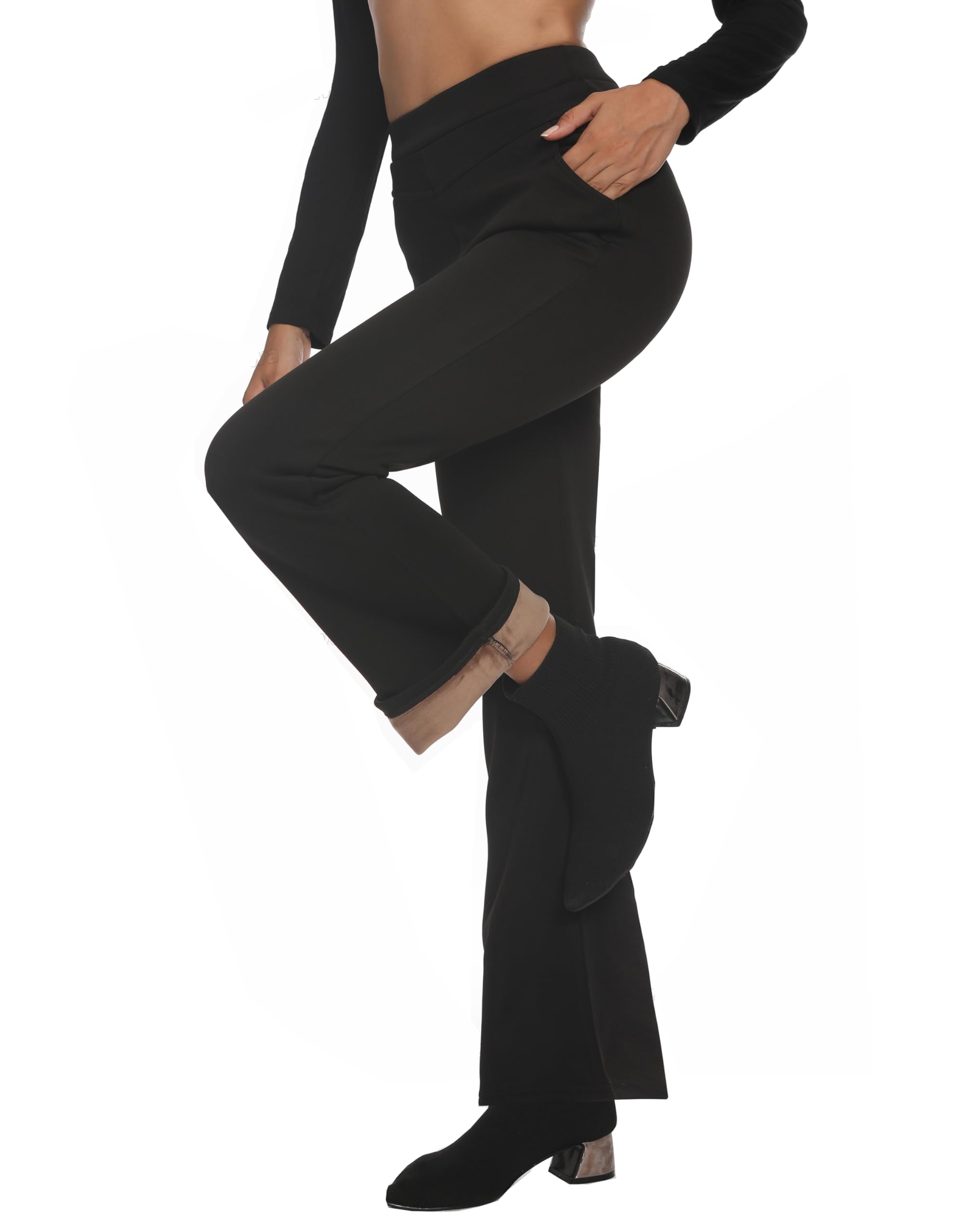 Fakanhui Women's Fleece Lined Bootcut Work Pants - Winter Warm High Waisted Pull On Flare Business Casual Pants for Office, Work & Everyday Wear