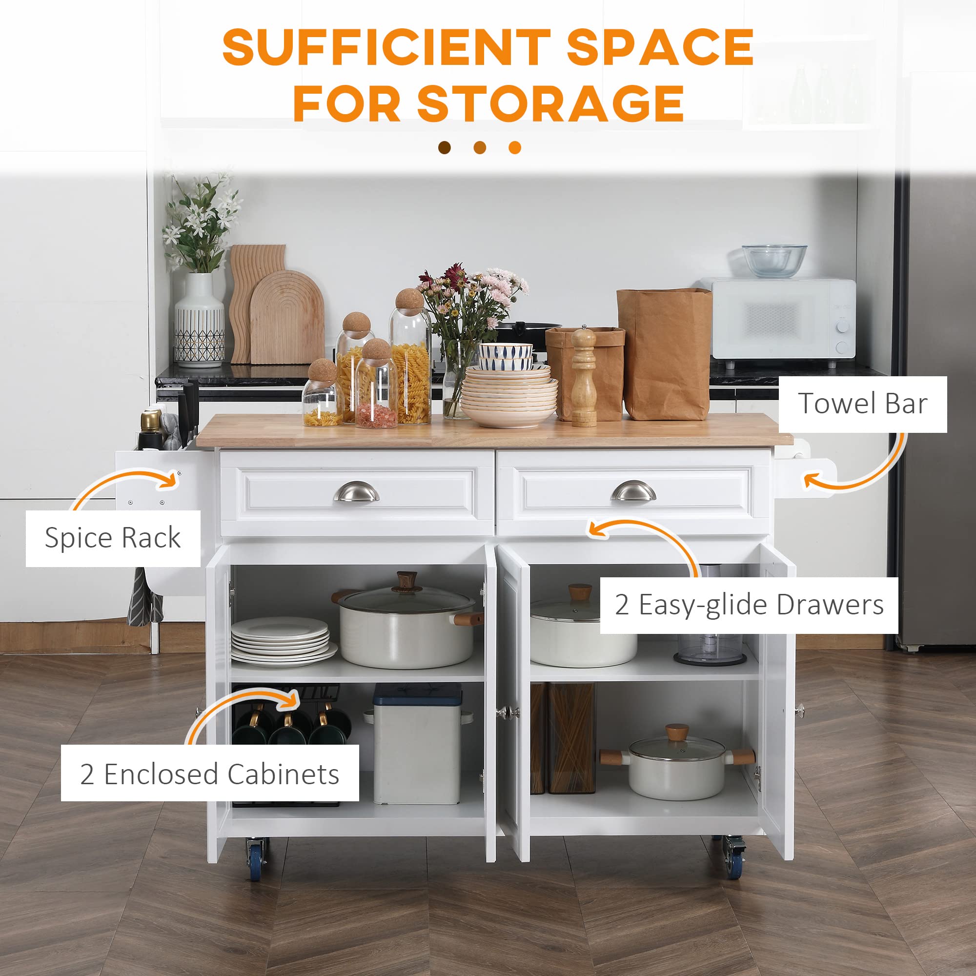 HOMCOM White Rolling Kitchen Island Cart with Drop Leaf, 2 Drawers & 2 Storage Cabinets - Mobile Kitchen Cart with Rubber Wood Top for Small Space - Perfect for Kitchen, Dining Room, Food Prep & Extra Storage
