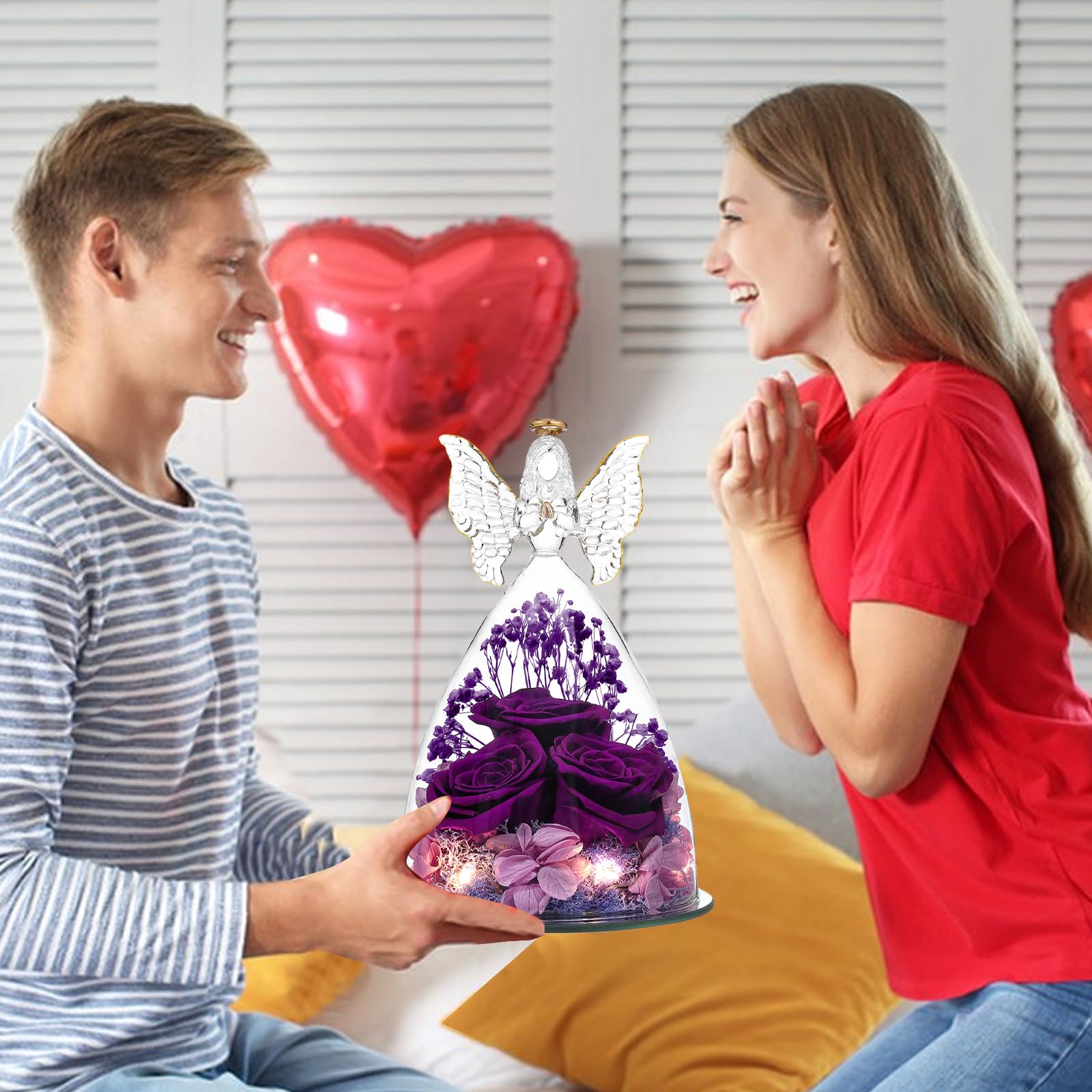 Glass Angel Figurine with 3 Preserved Real Roses - Eternal Keepsake Gift for Women, Mothers Day Present, Home Decor & Spiritual Guardian (Purple)