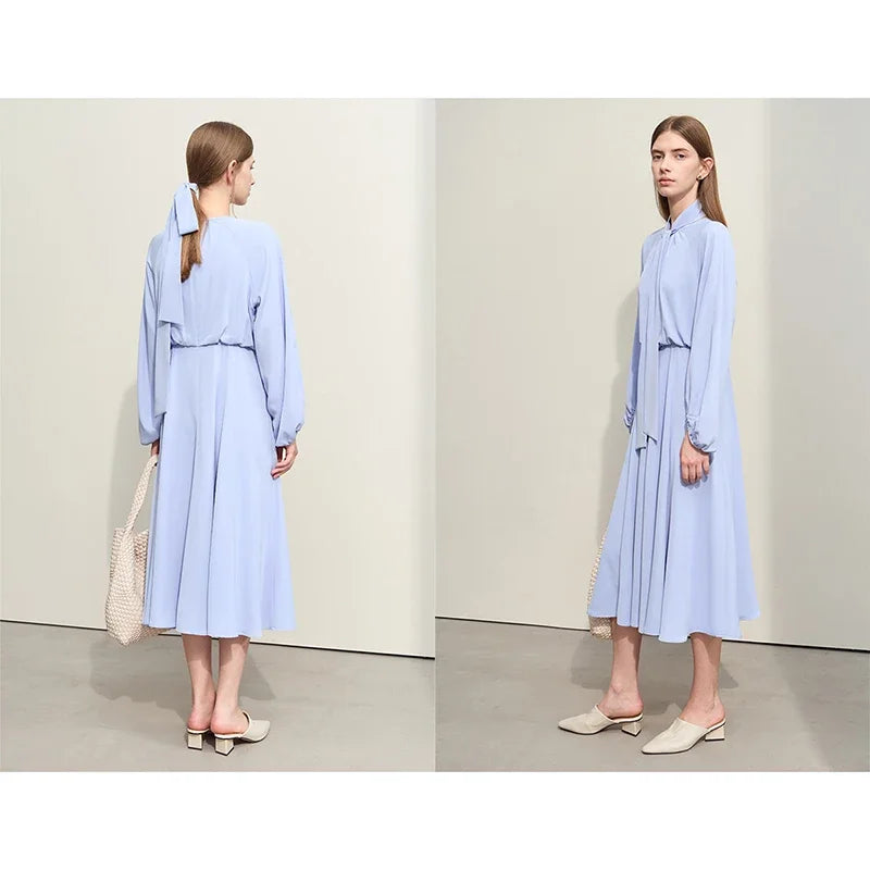 Elegant Minimalist Women's Chiffon Dress - 2024 Spring Summer Flowy A-Line Maxi Dress with Lantern Sleeves & Detachable Waist Belt | Perfect for Beach Vacations, Weddings & Casual Outings