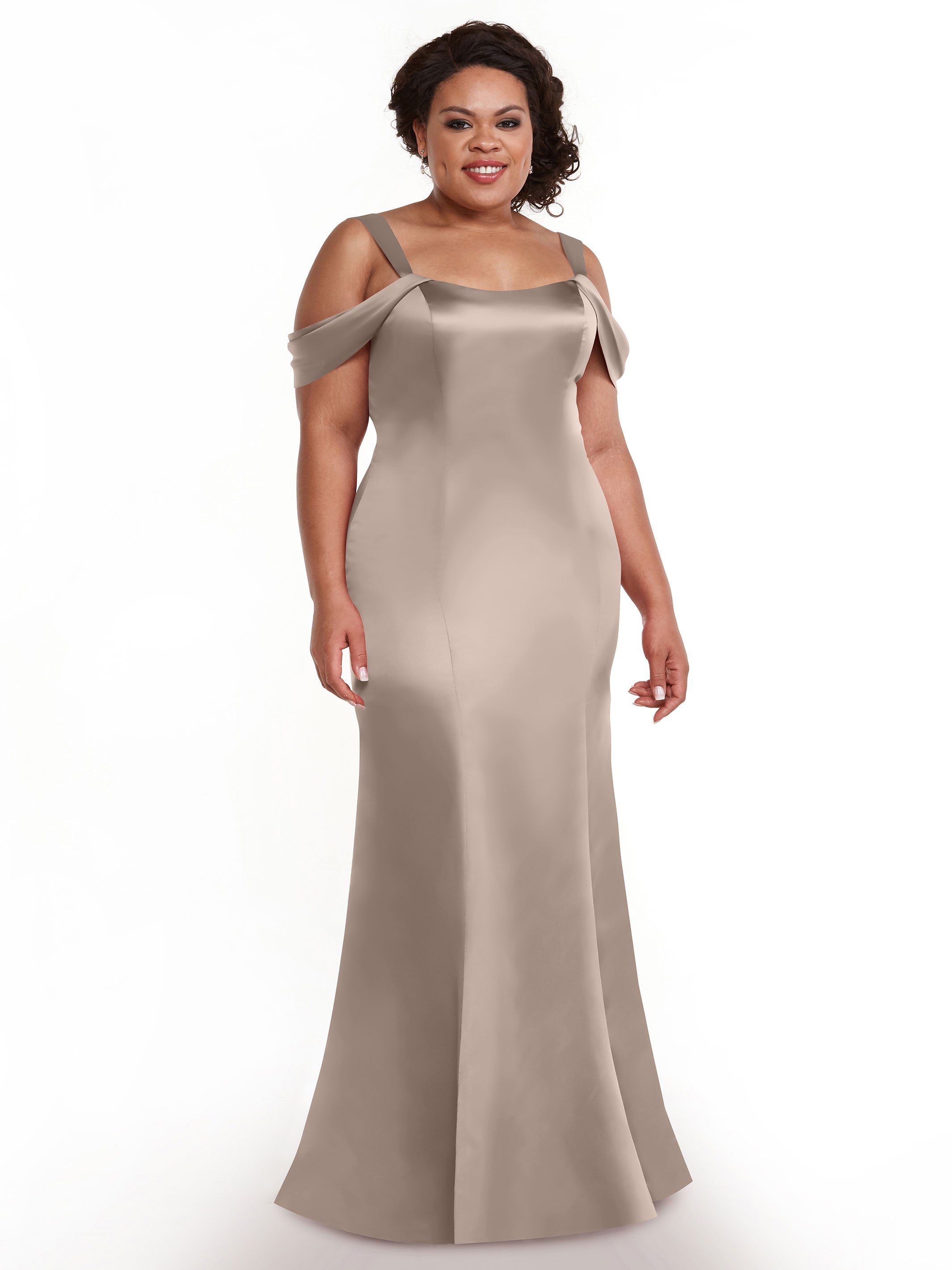 Elegant 80151 Fitted Satin Bridesmaid Dress with Off-The-Shoulder Sleeves - Perfect for Weddings, Formal Events & Special Occasions