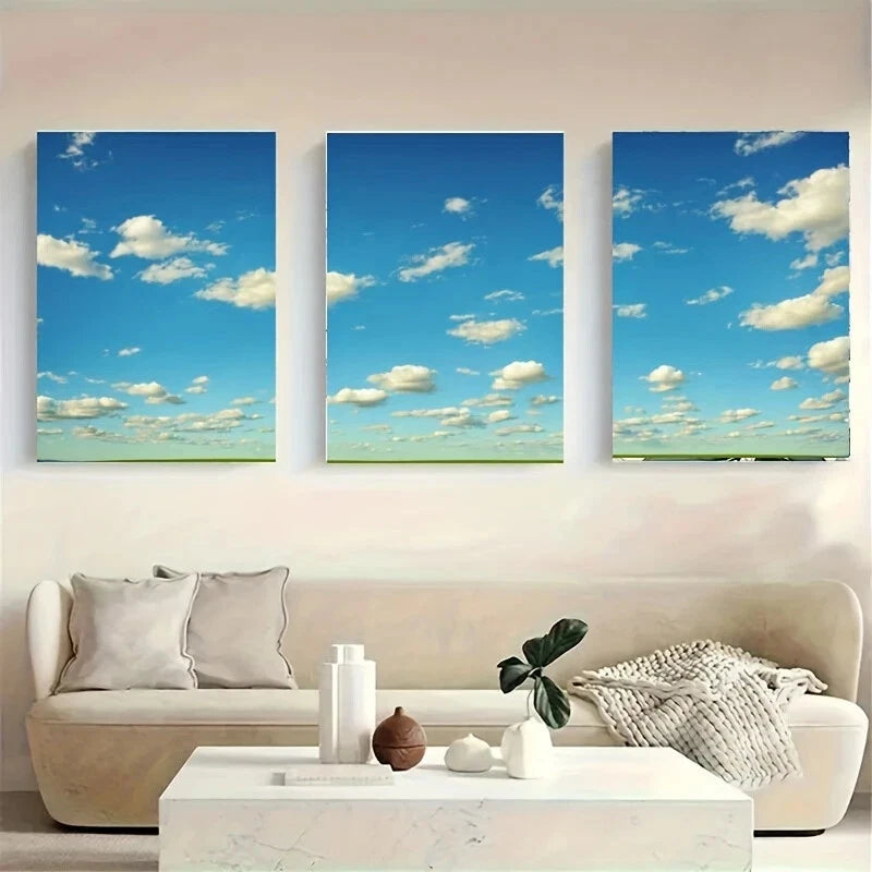 3-Piece Bright Blue Sky with White Clouds Metal Wall Art - Ready to Hang Modern Home Decor for Living Room, Bedroom & Office