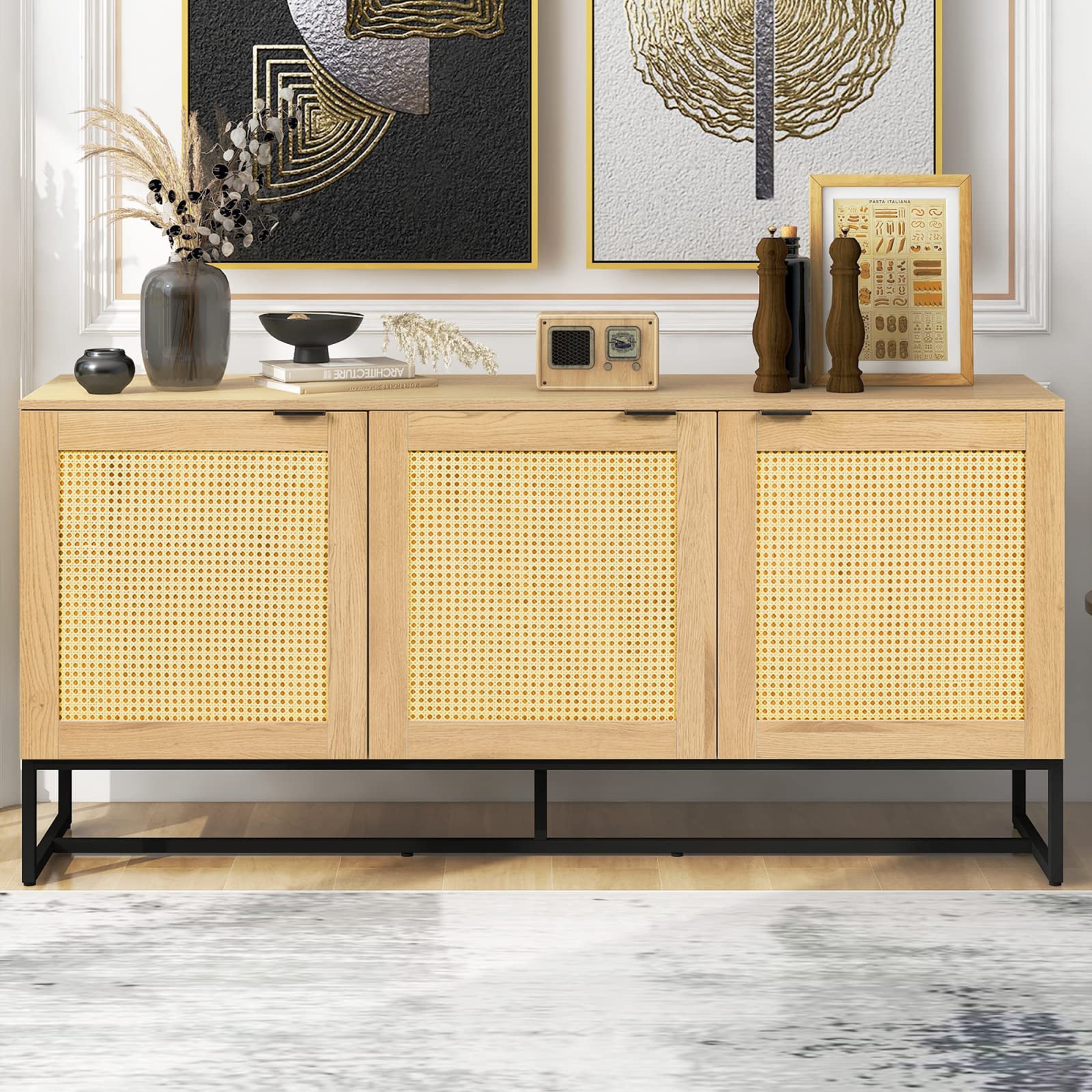 Modern Buffet Sideboard Cabinet with Handmade Natural Rattan Doors - Wood Accent Storage Console Table with Metal Base for Kitchen, Living Room & Entryway - Perfect for Dining Room Storage, Home Decor and Entertaining Guests