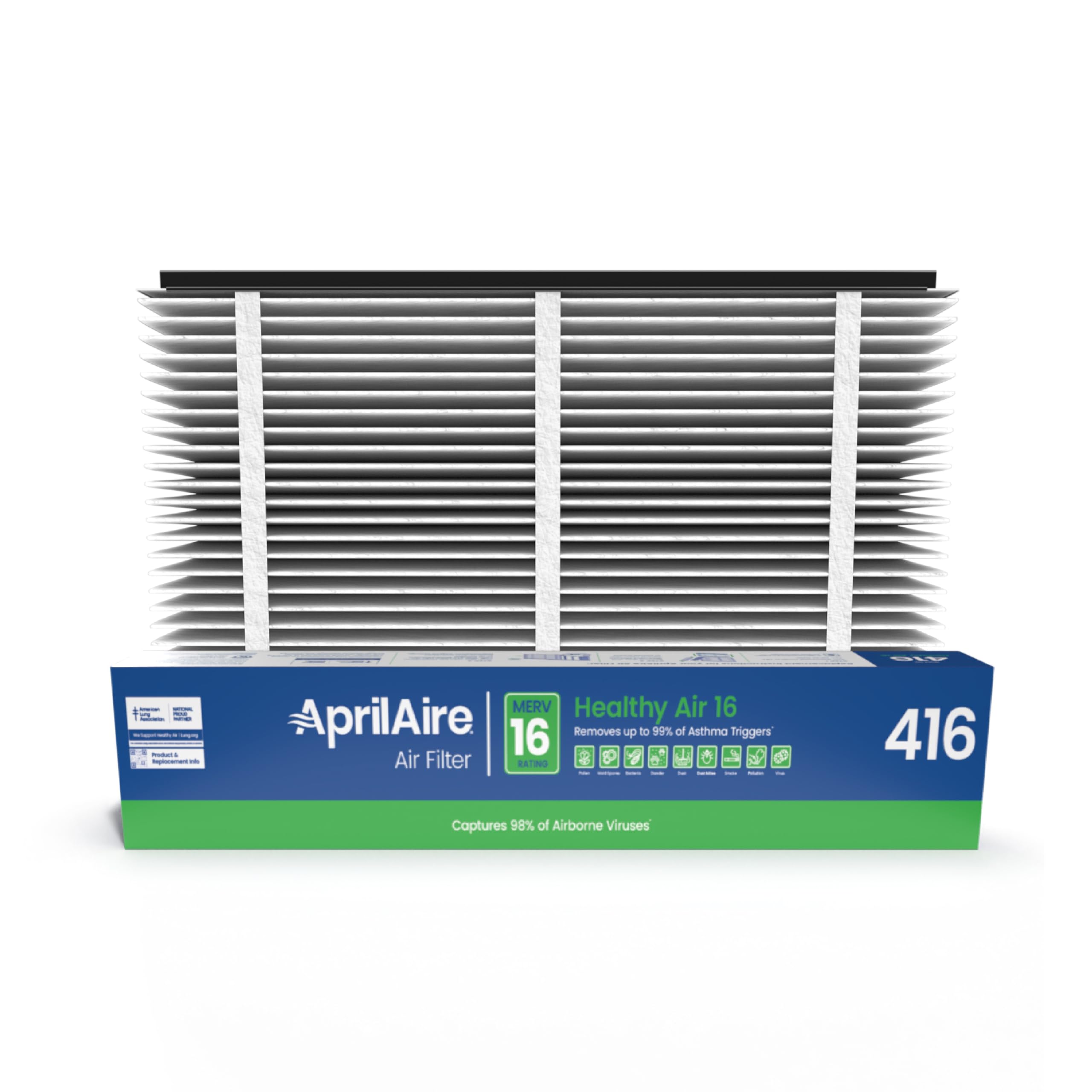AprilAire 416 MERV 16 Replacement Air Filter 16x25x4 for Whole House Air Purifiers - Reduces Allergens, Dust, Pollen & Viruses (Pack of 2) - Ideal for Allergy & Asthma Sufferers, Improves Indoor Air Quality in Homes & Offices