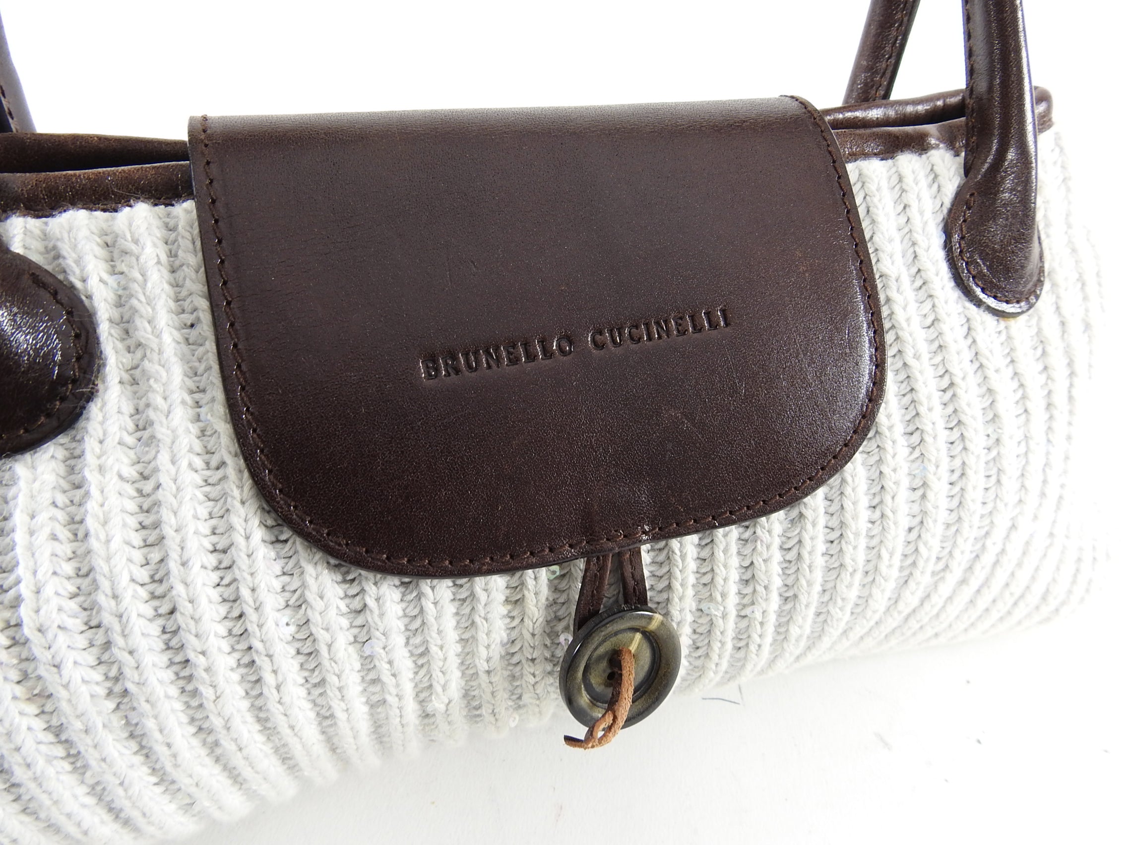 Brunello Cucinelli Luxury White Knit & Brown Leather Pochette Bag - Elegant Clutch for Women, Perfect for Evening Parties & Special Occasions