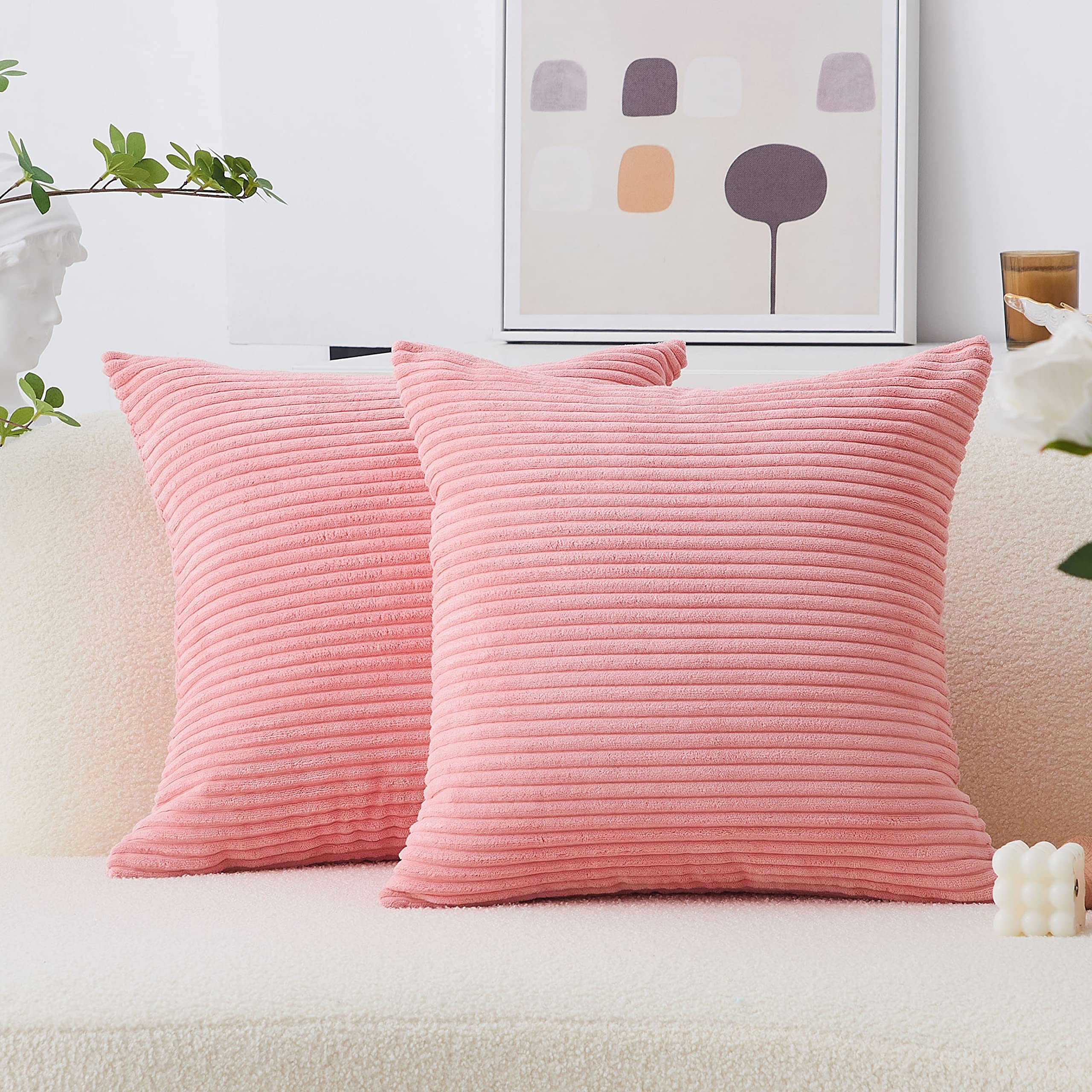 Luxury Pink Velvet Throw Pillow Covers 2 Pack - Soft Plush Striped Decorative Cushion Covers for Sofa, Bed, Couch, Patio - 22 x 22 Inch (55cm) Coral Accent Pillows - Perfect for Living Room, Bedroom & Outdoor Decor