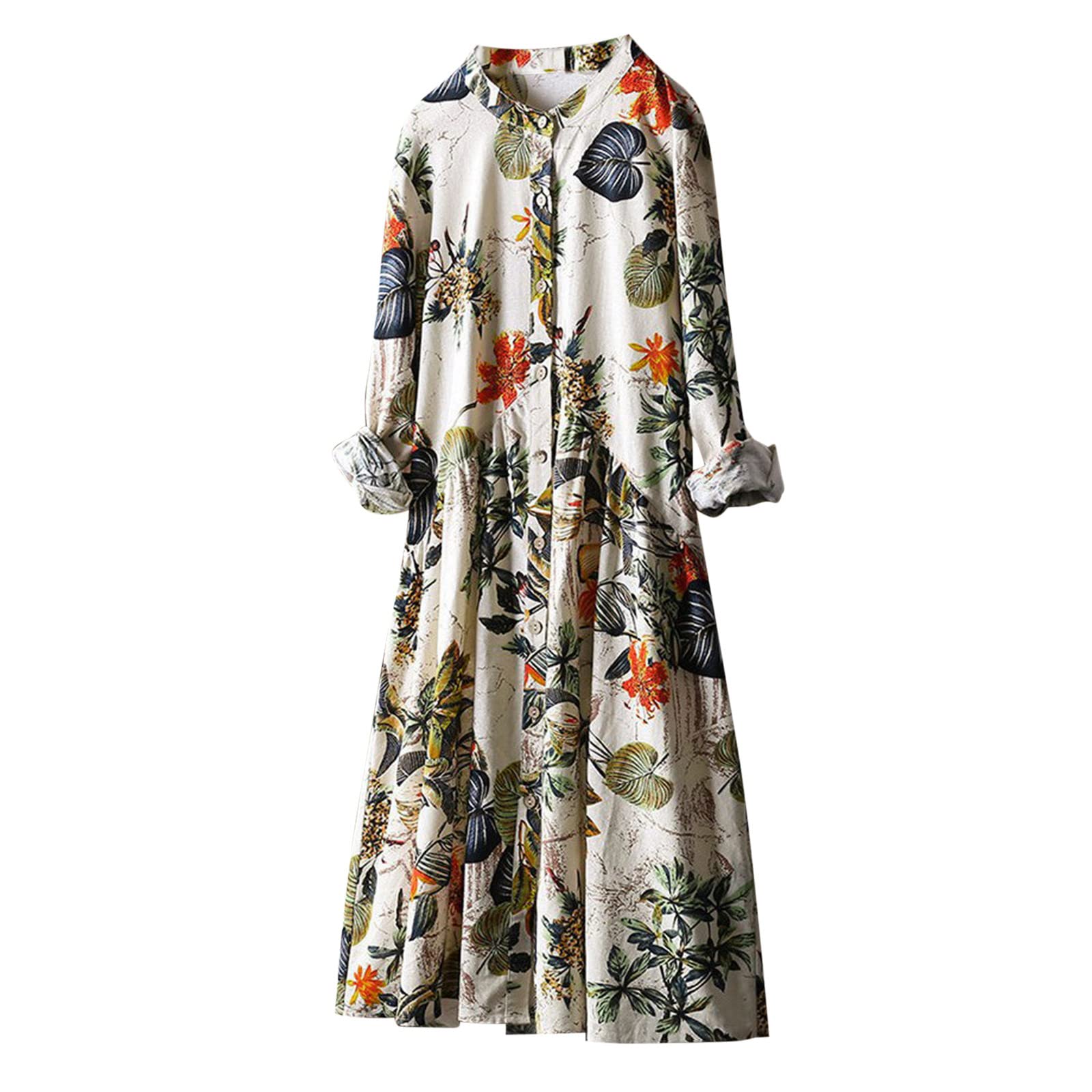 Women's Floral Print Spring Dress - Elegant Mock Neck Long Sleeve Button Down Pleated Maxi Dress for Casual Wear, Office, Date Night & Special Occasions