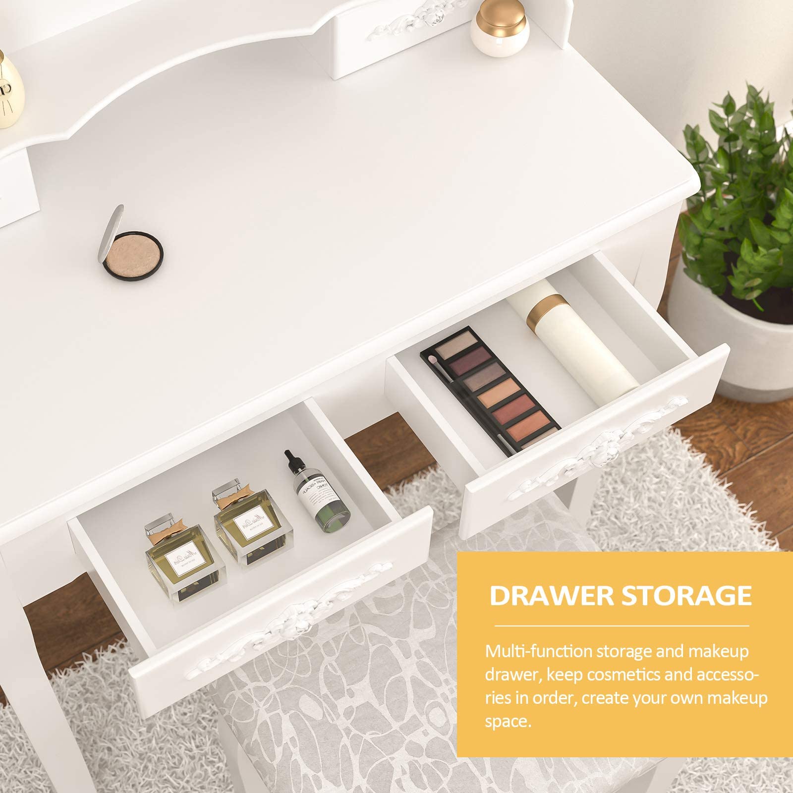Alohappy Vanity Set with Mirror & Stool - 4 Drawer Wood Dressing Table for Bedroom Makeup