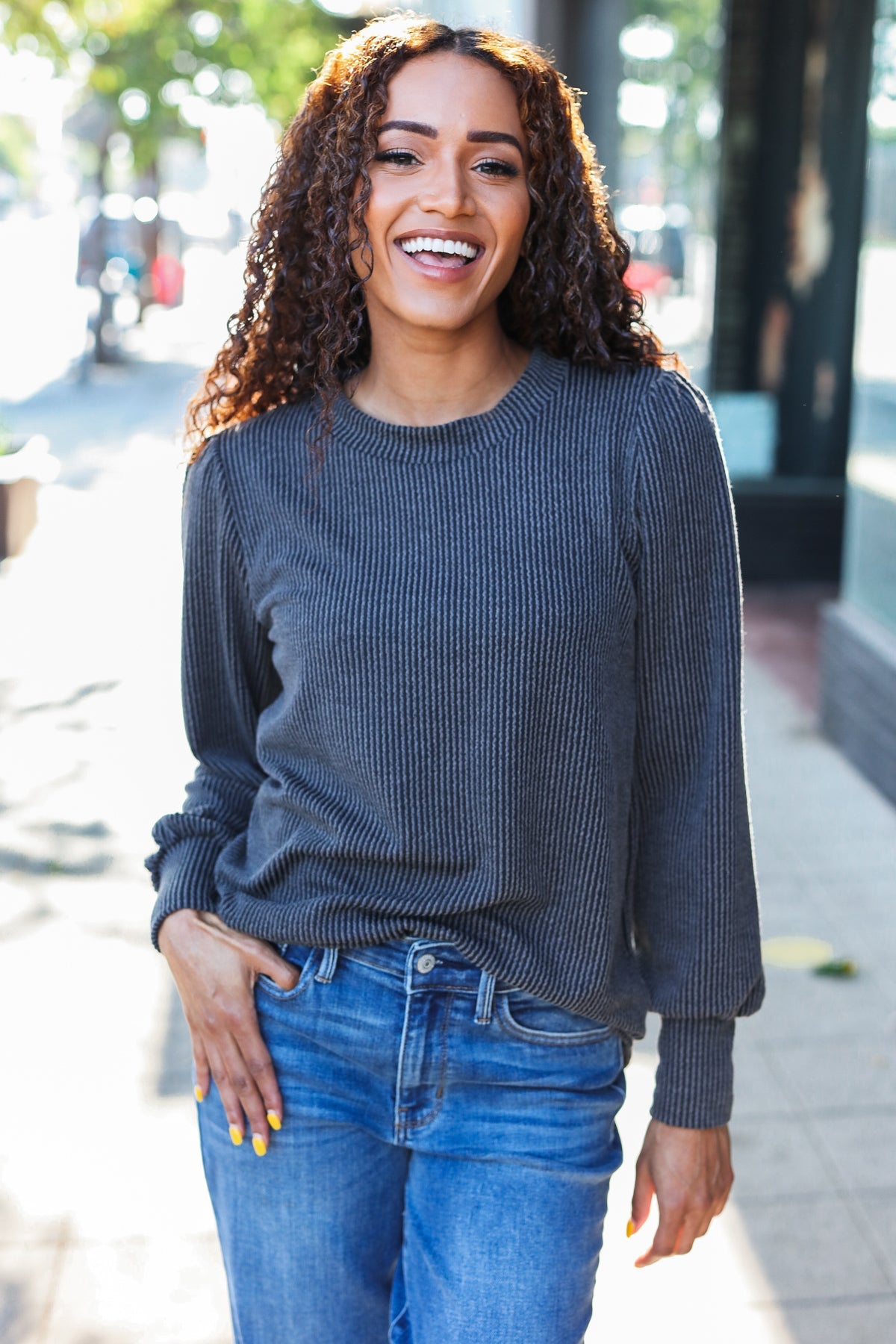 Everyday Charcoal Rib Mineral Wash Long Sleeve Top for Women | Soft Comfortable Casual Shirt | Perfect for Work, Weekend & Layering