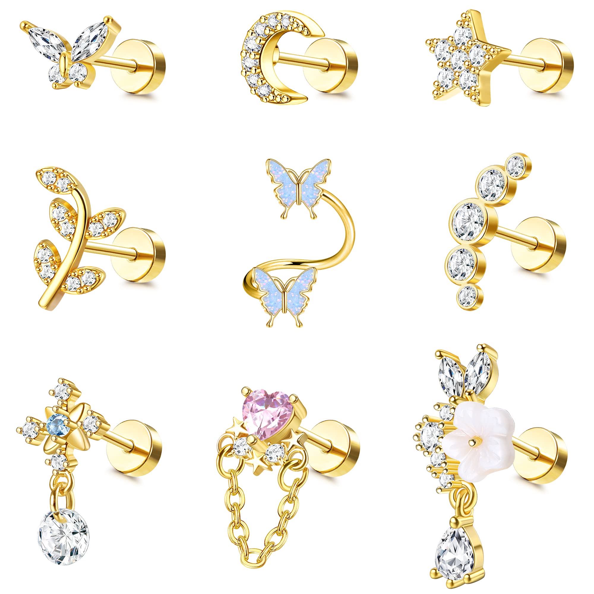 LOLIAS 16 Gauge Cartilage Earrings for Women - Stainless Steel Helix Piercing Jewelry with CZ Studs, Leaf & Butterfly Design, Flat Back Earrings - Perfect for Daily Wear, Parties & Gifts
