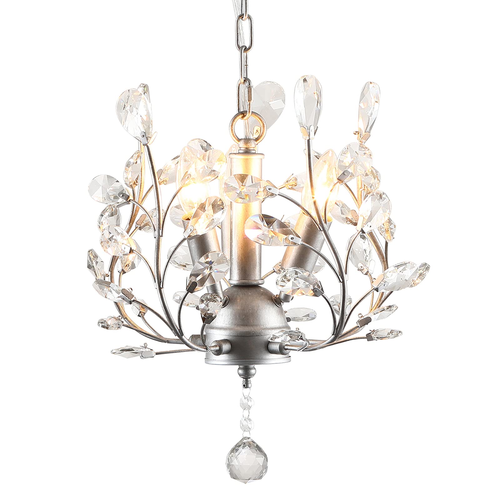 Vintage Large Crystal Branch Chandelier Flush Mount Ceiling Light Fixture - 3 Lights, Sliver Grey - Perfect for Bedroom, Living Room, Entryway Lighting | Elegant Home Decor & Dining Room Ambience