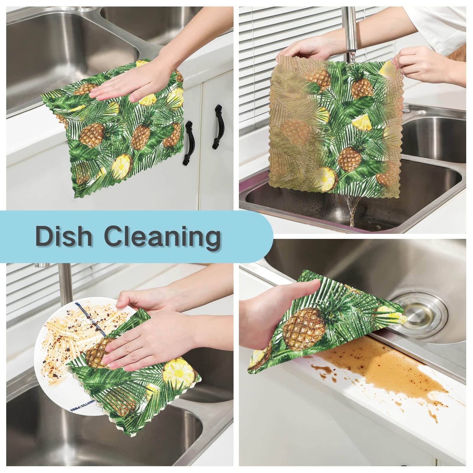 JSTEL 6-Piece Pineapple Print Microfiber Dish Towels Set | Super Absorbent Kitchen Tea Towels for Drying Dishes | Perfect for Kitchen, Dining & Hosting
