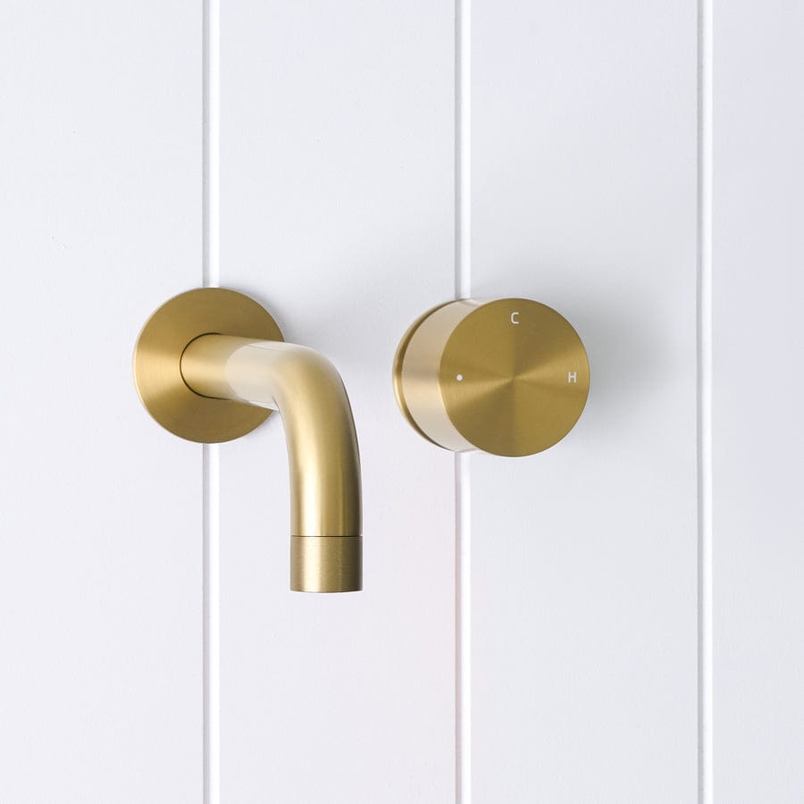 Sydney Wall Spout with Progressive Mixer in Brushed Brass - Modern Bathroom Faucet for Sink, Vanity, and Luxury Home Decor