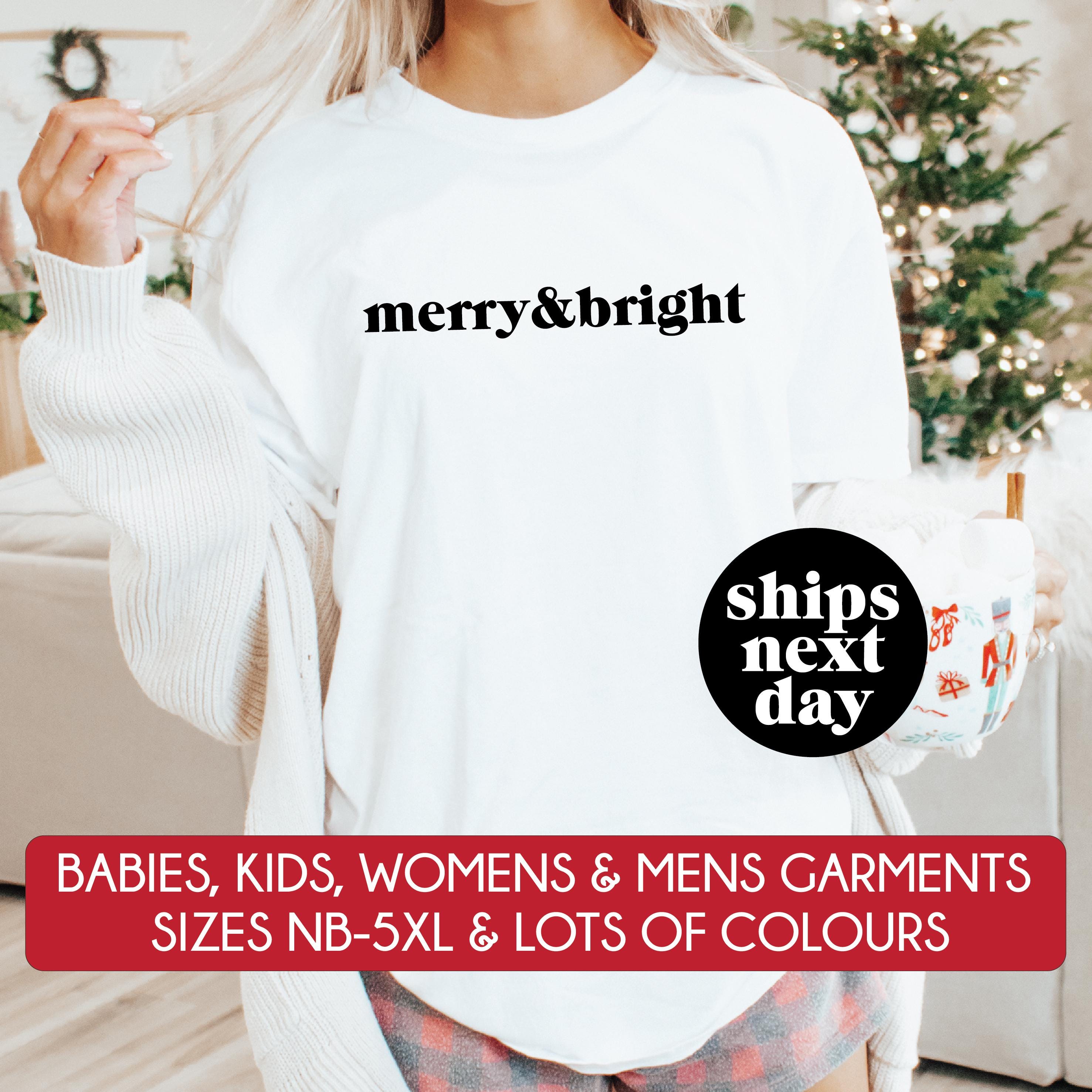 Merry & Bright Christmas T-Shirt - Festive Holiday Graphic Tee (Multiple Colors Available) - Perfect for Family Photos, Office Parties & Gift Exchanges