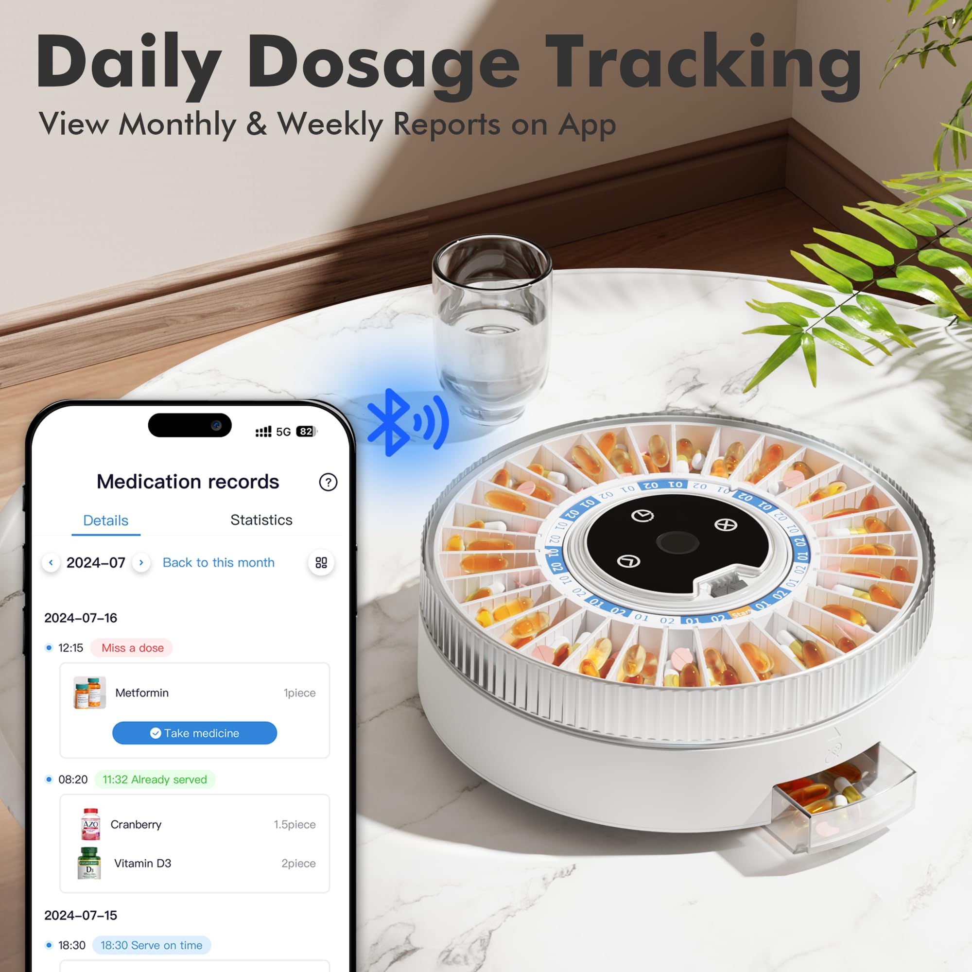 Smart Bluetooth Automatic Pill Dispenser with Alarm - 31-Slot Medication Organizer for Elderly Care | Fingerprint & Mechanical Dual Lock | Timed Dispenser for Daily Medication Management | Perfect for Home Healthcare and Assisted Living Facilities