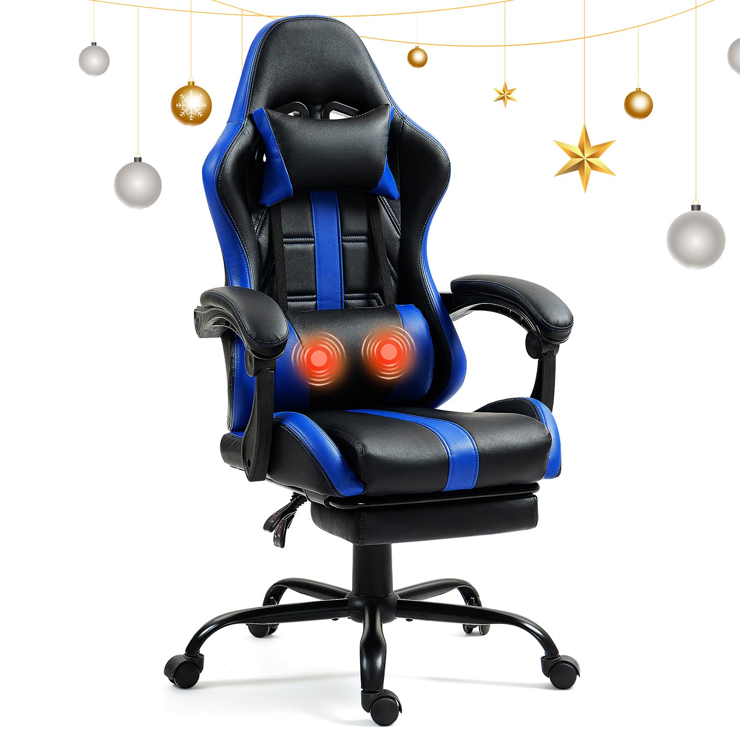 Ergonomic Massage Gaming Chair with Adjustable Footrest & Lumbar Support - PU Leather Office Computer Chair with 360° Swivel & Height Adjustment - Perfect for Home Office, Gaming Setup & Workstation Comfort (Blue)