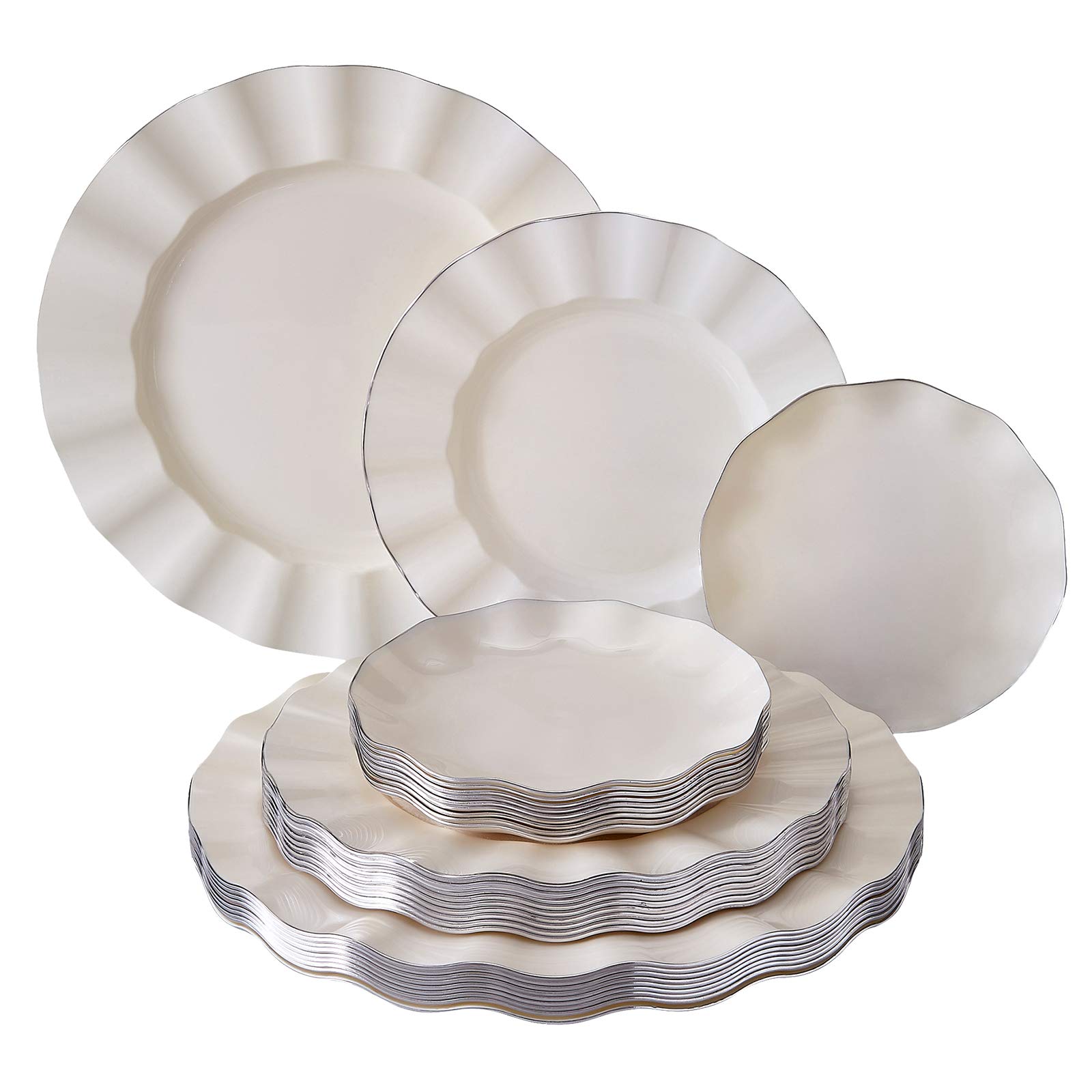30-Piece Disposable Dinnerware Set - 10 Dinner Plates, 10 Salad Plates, 10 Dessert Plates | Heavyweight Plastic Dishes with Fine China Look | Perfect for Weddings, Parties, and Upscale Dining Events (Veil Collection - Ivory)
