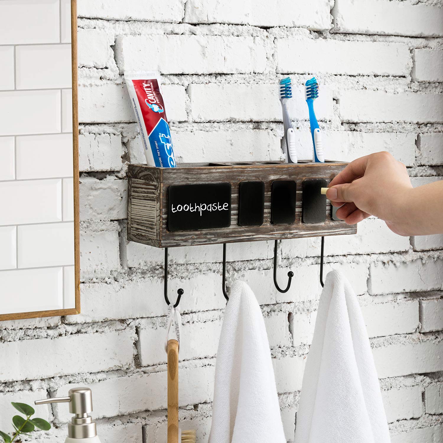 MyGift Wall Mounted Solid Torched Wood Bathroom Organizer - 4 Compartment Toothbrush Holder, Chalkboard Labels & 4 Hooks for Towels & Accessories | Rustic Bathroom Storage Shelf for Spa, Vanity & Small Space Organization