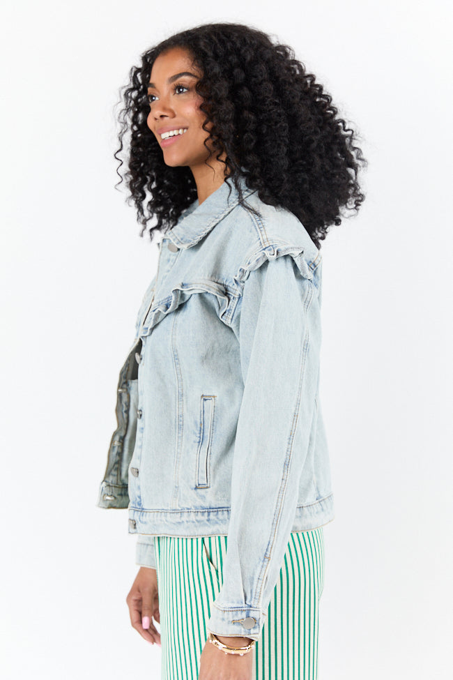 Told You So Light Wash Ruffle Trim Denim Jacket for Women | Vintage Distressed Denim Jacket with Feminine Ruffles | Perfect for Spring Outfits, Casual Wear & Street Style Fashion
