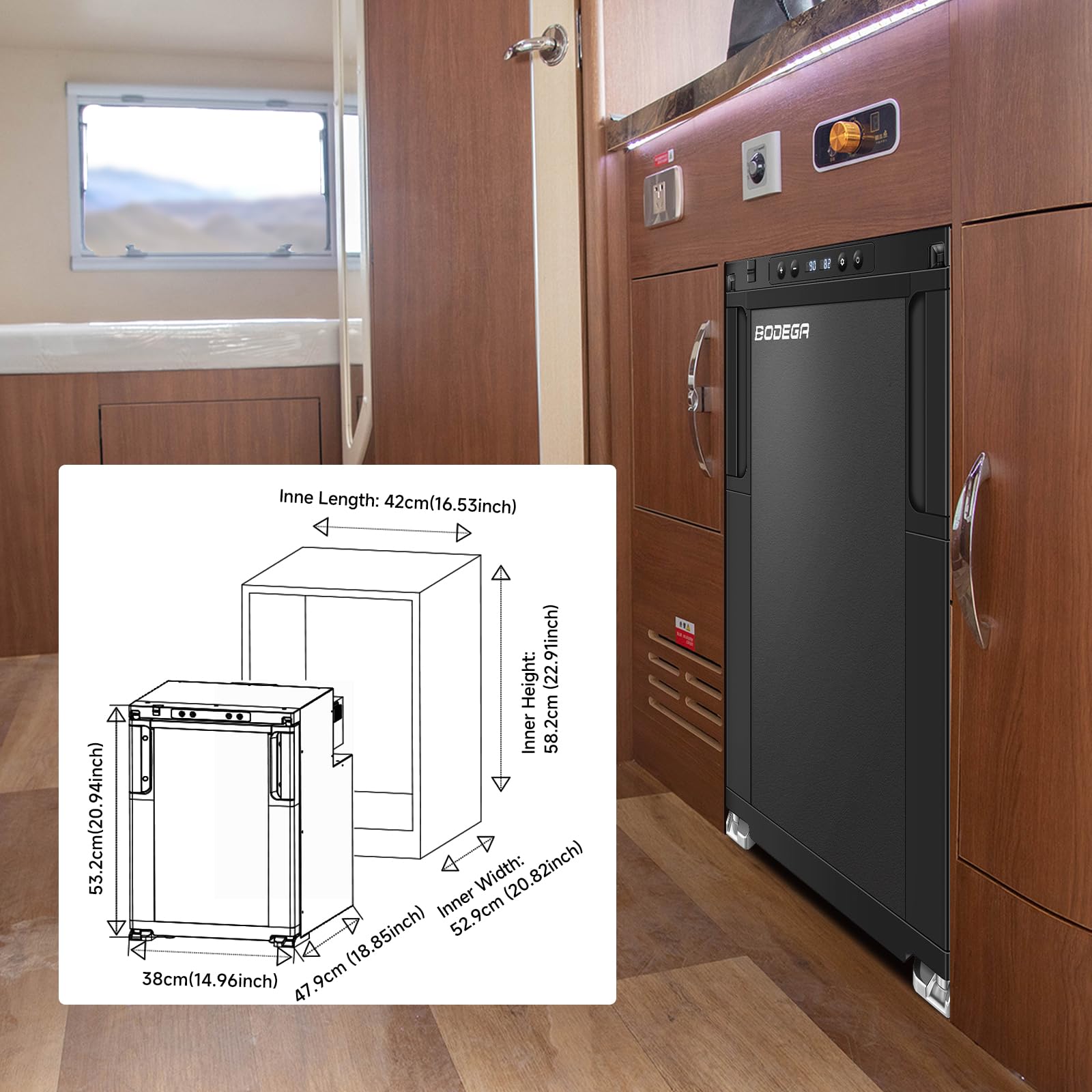 Upgraded 12V/24V DC RV Refrigerator - 45L (1.6 cu.ft) Portable Fridge Freezer with APP Control & Lock, Temperature Range -4°F to 46°F for Truck, RV, Camping, Travel - Perfect for Road Trips, Outdoor Adventures & Mobile Living