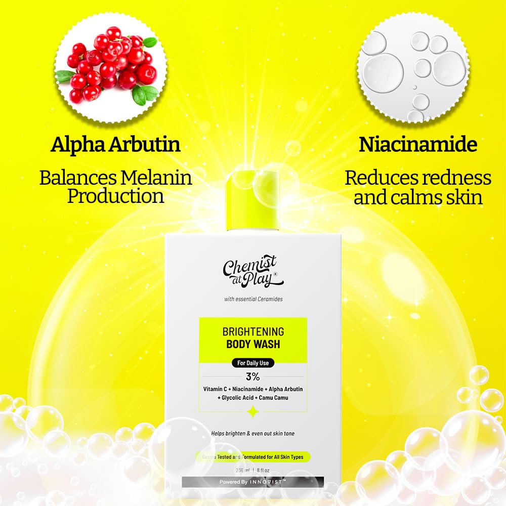Brightening Body Wash with Vitamin C & Alpha Arbutin - Glowing Skin Bodywash for Women & Men - Reduces Dark Spots & Evens Skin Tone - 30X Vitamin C & Camu Camu Extract - 8oz/236ml - Perfect for Daily Shower & Post-Workout Skincare Routine