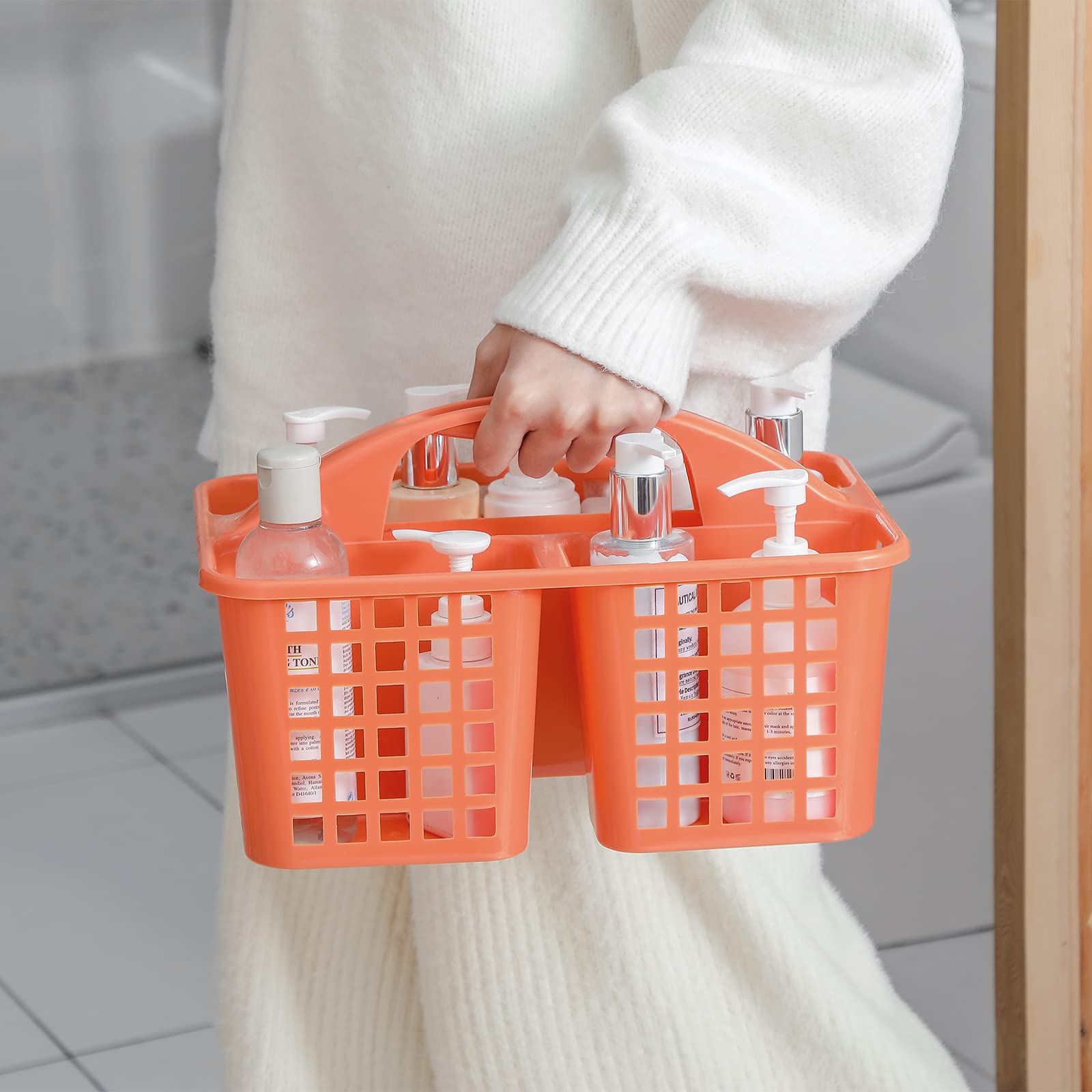 JiatuA Portable Shower Caddy Basket with Compartments - Plastic Storage Organizer with Handle for Bathroom, Kitchen, College Dorm & Under Sink - Ideal for Cleaning Supplies, Toiletries & Household Items (Orange)