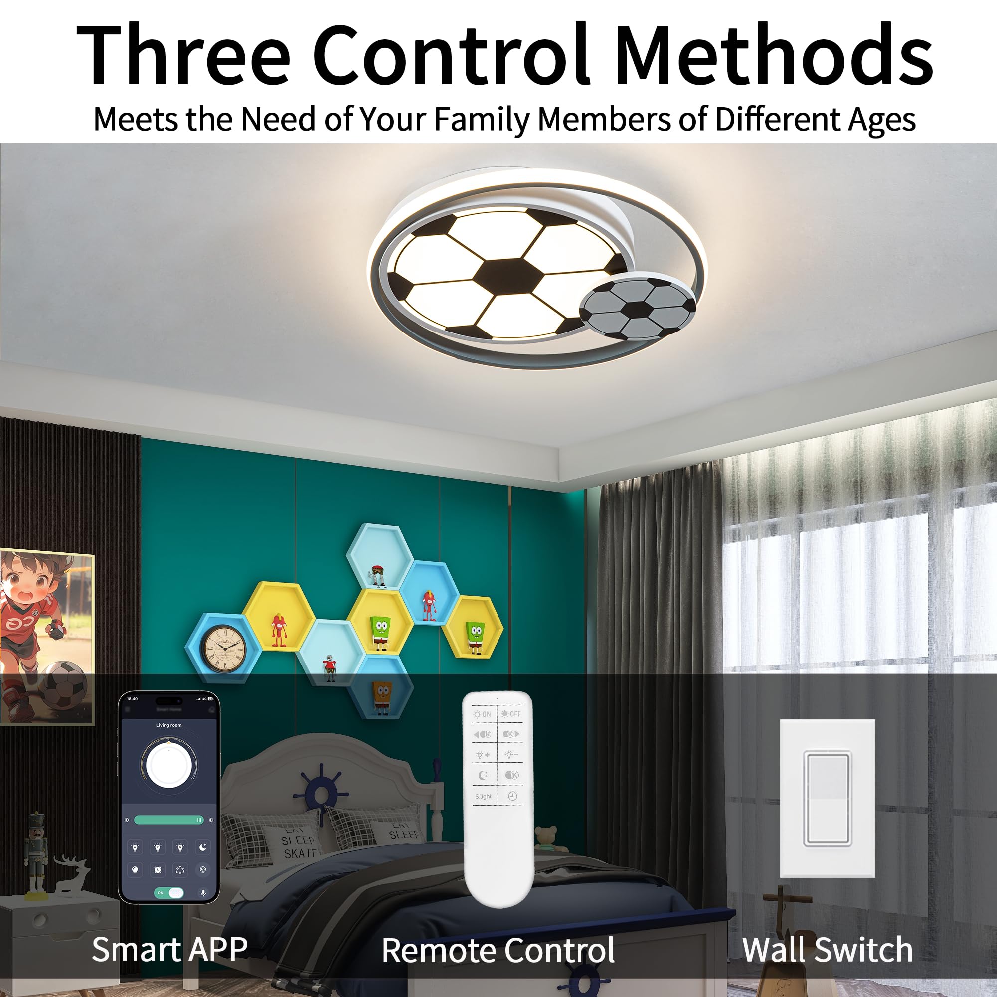Modern LED Ceiling Light for Kids Room - Dimmable Soccer Flush Mount Light with Remote Control, 17