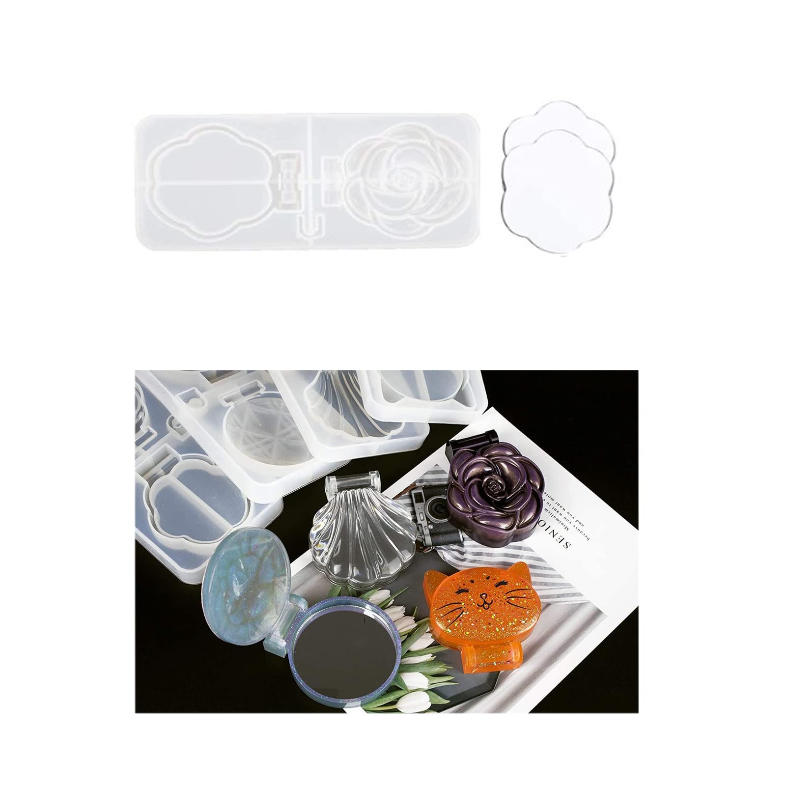 Double-Sided Foldable Mini Pocket Mirror Resin Molds - Compact Epoxy Resin Silicone Molds for Jewelry Casting (Rose Design with 2 Acrylic Mirrors) - Perfect for DIY Crafts, Seashell Jewelry, and Home Decor (Model C-031101)