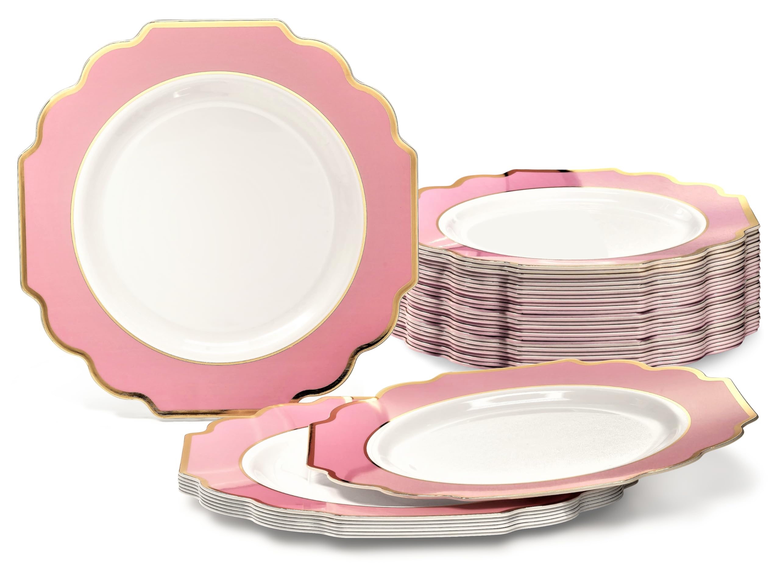 60 Heavyweight Disposable Plastic Plates for Weddings & Parties - 8'' Dinner Plates in Imperial White, Light Pink & Gold - Elegant Tableware for Special Occasions, Events & Celebrations