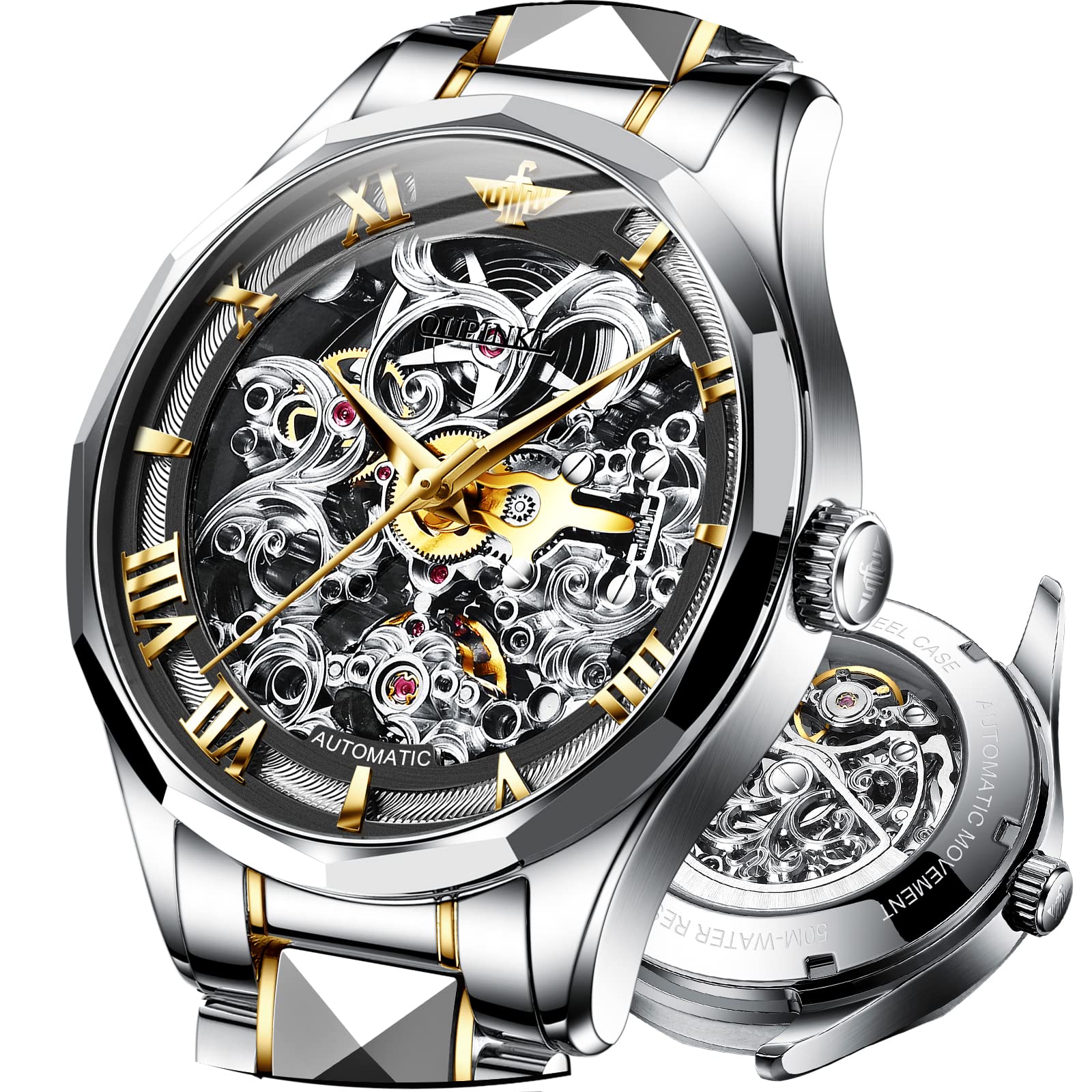 OUPINKE Men's Automatic Skeleton Watch - Self Winding Mechanical Watch with Sapphire Crystal, 50M Waterproof & Tungsten Steel Case - Stylish Hollow Design for Business, Formal & Casual Wear