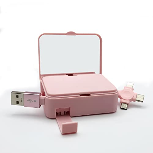 3-in-1 Retractable Charging Cable with Phone Holder Mirror - USB C/Micro USB Fast Charger Compatible with iPhone & Android Devices (Pink) - Perfect for Travel, Office & Home Use