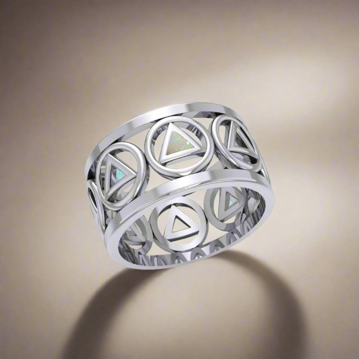 Recovery Silver Band Ring with Stone Inlay TRI2400 - Elegant Jewelry for Men & Women - Perfect for Healing, Meditation & Spiritual Gifts