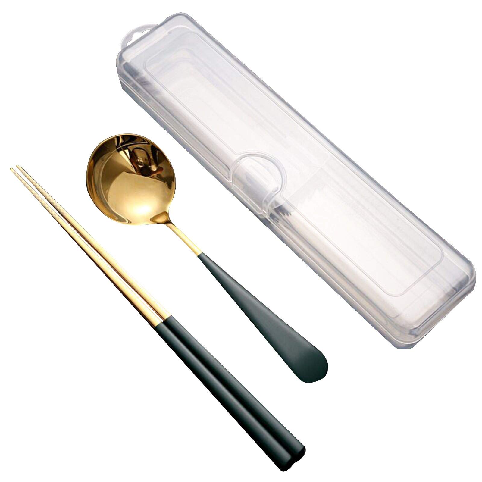 Portable Stainless Steel Flatware Set - Spoon, Fork, Chopsticks & Case | Reusable Travel Cutlery for Camping, Office & Outdoor Dining (Gold, Green)